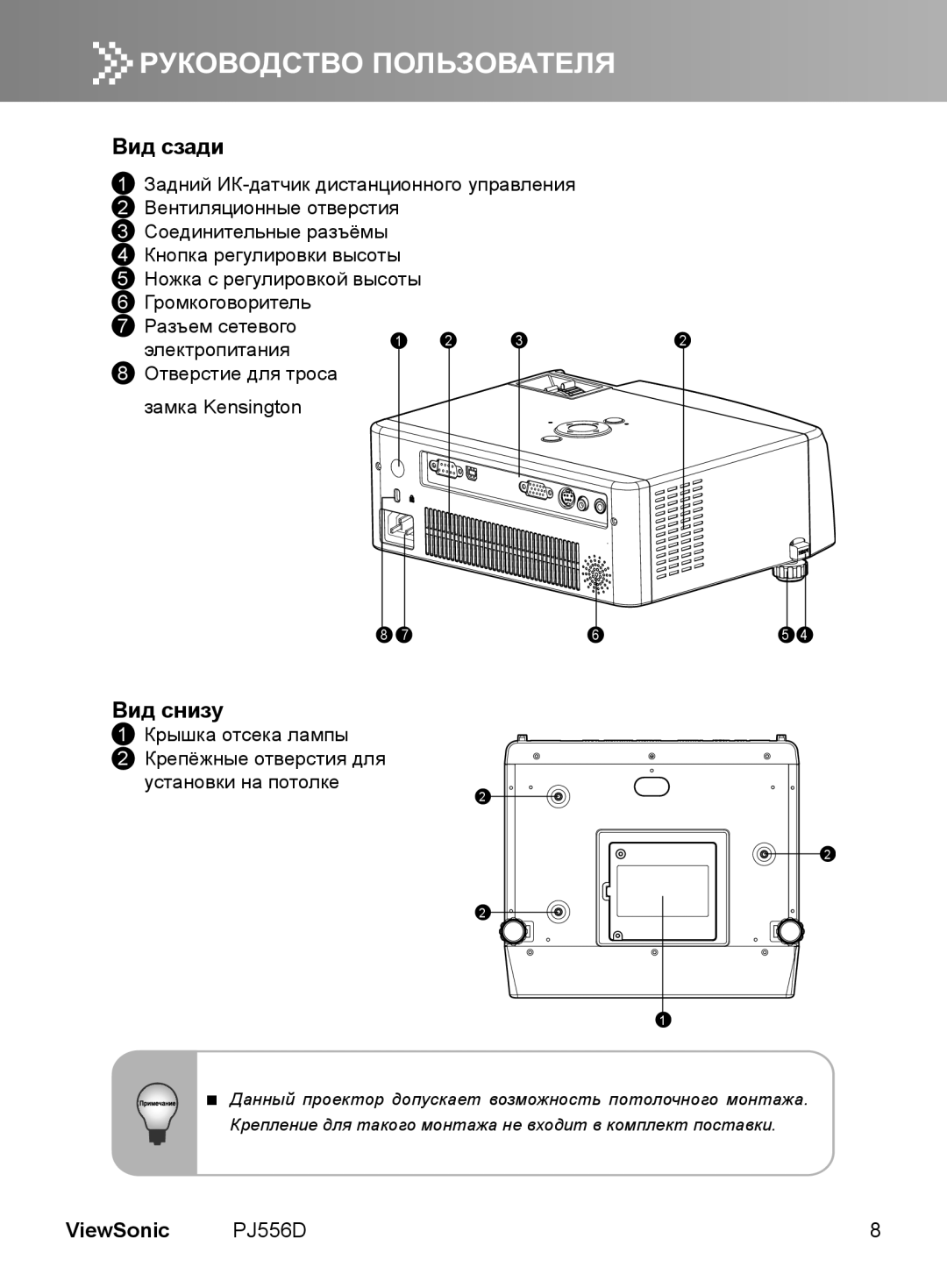 ViewSonic VS11579 manual Вид сзади, Вид снизу 