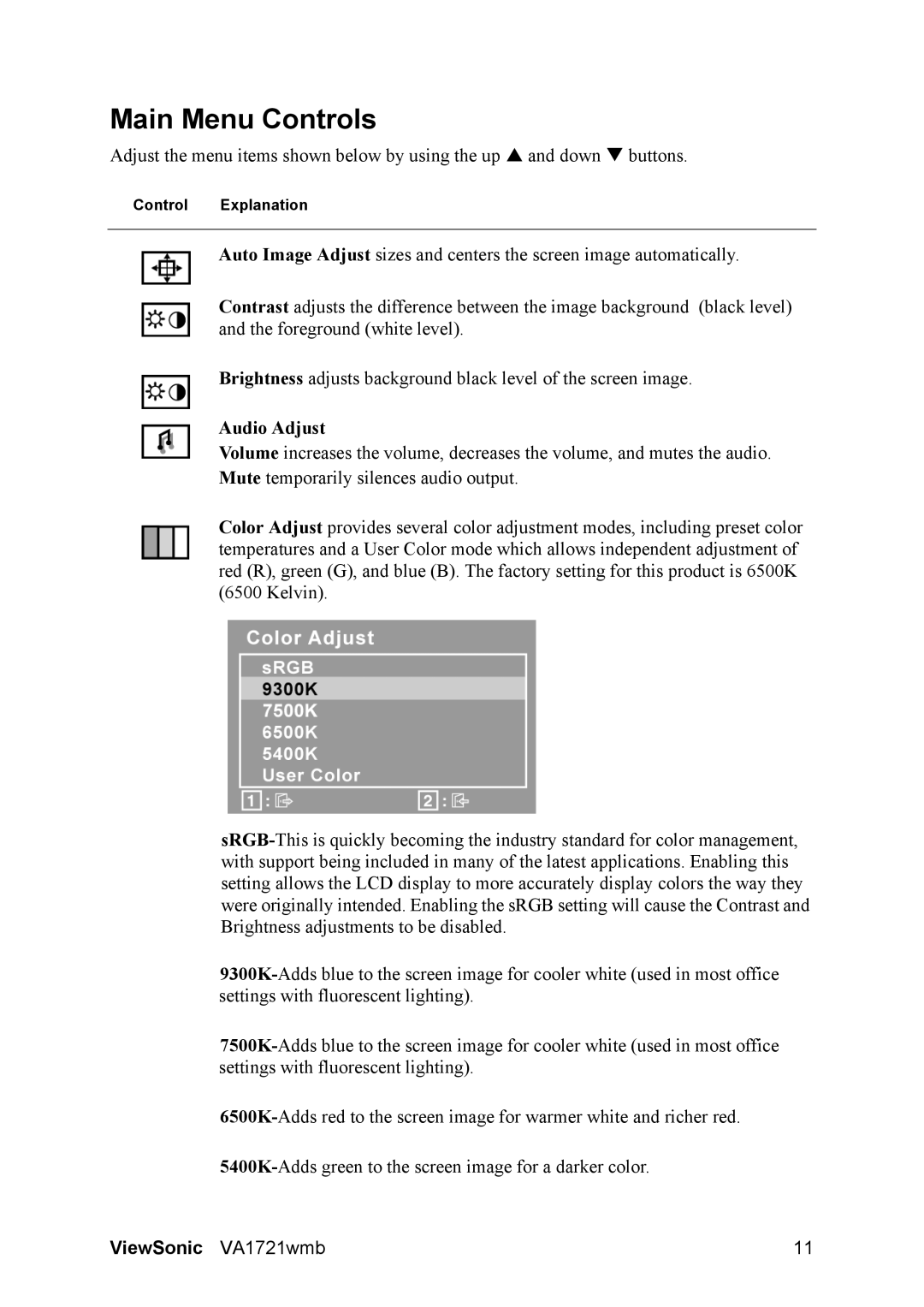 ViewSonic VS11605 manual Main Menu Controls, Audio Adjust 