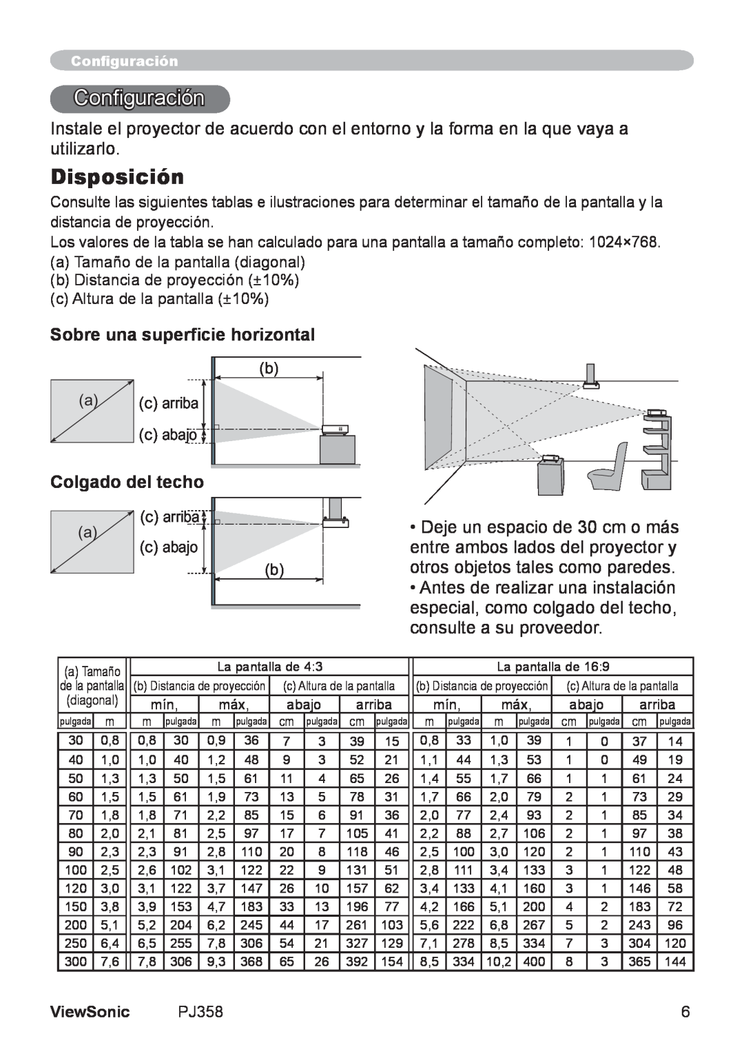 ViewSonic PJ358, VS11611 manual Configuración, Disposición, Sobre una superficie horizontal, Colgado del techo 