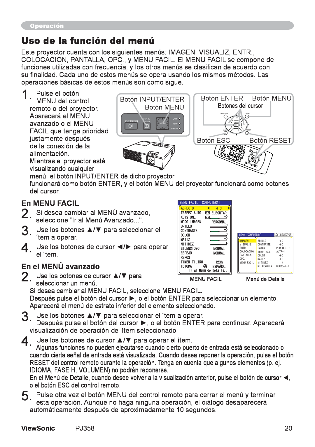 ViewSonic PJ358, VS11611 manual Uso de la función del menú, En MENU FACIL, En el MENÚ avanzado, ViewSonic 