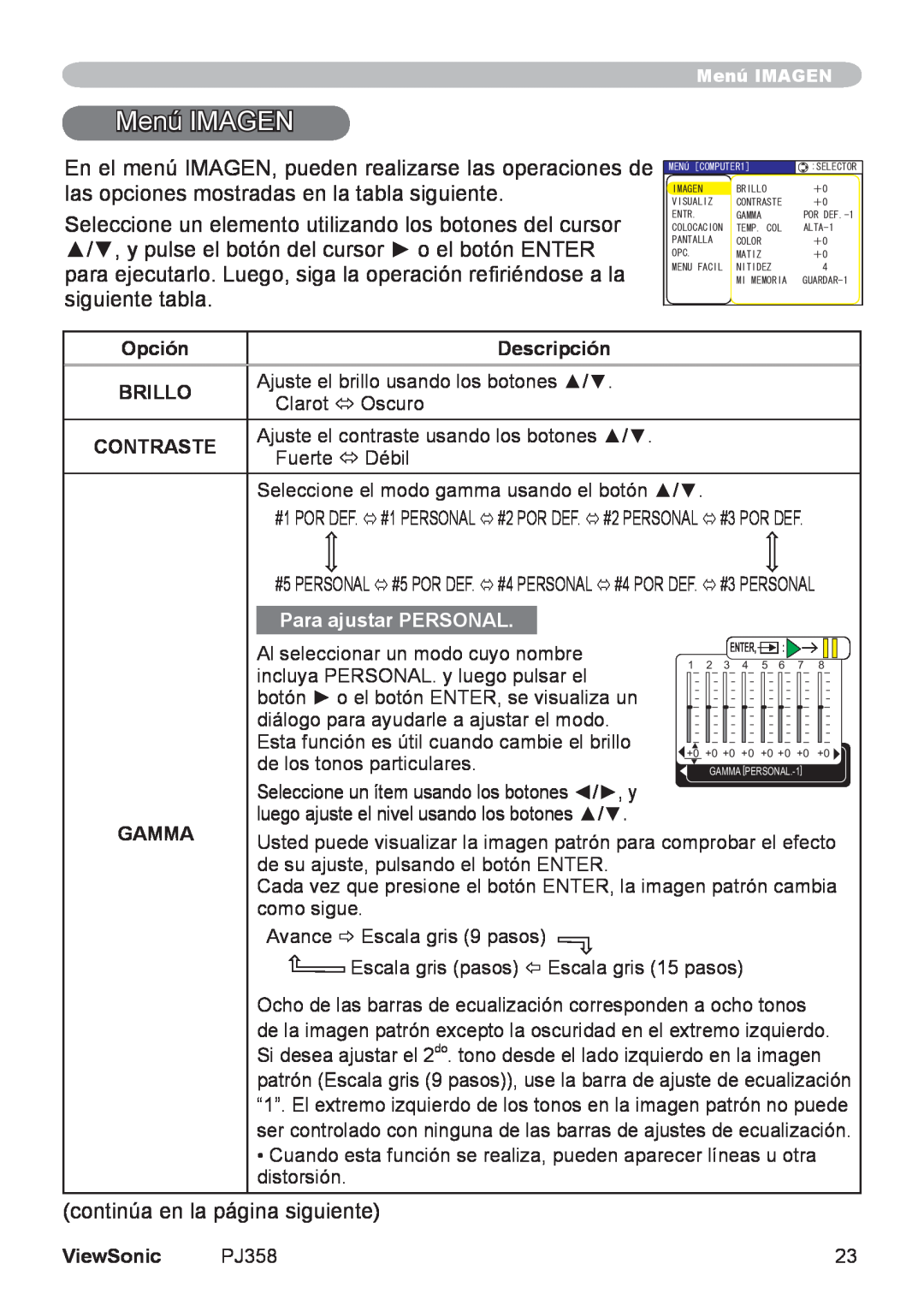 ViewSonic VS11611, PJ358 manual Menú IMAGEN, Para ajustar PERSONAL 