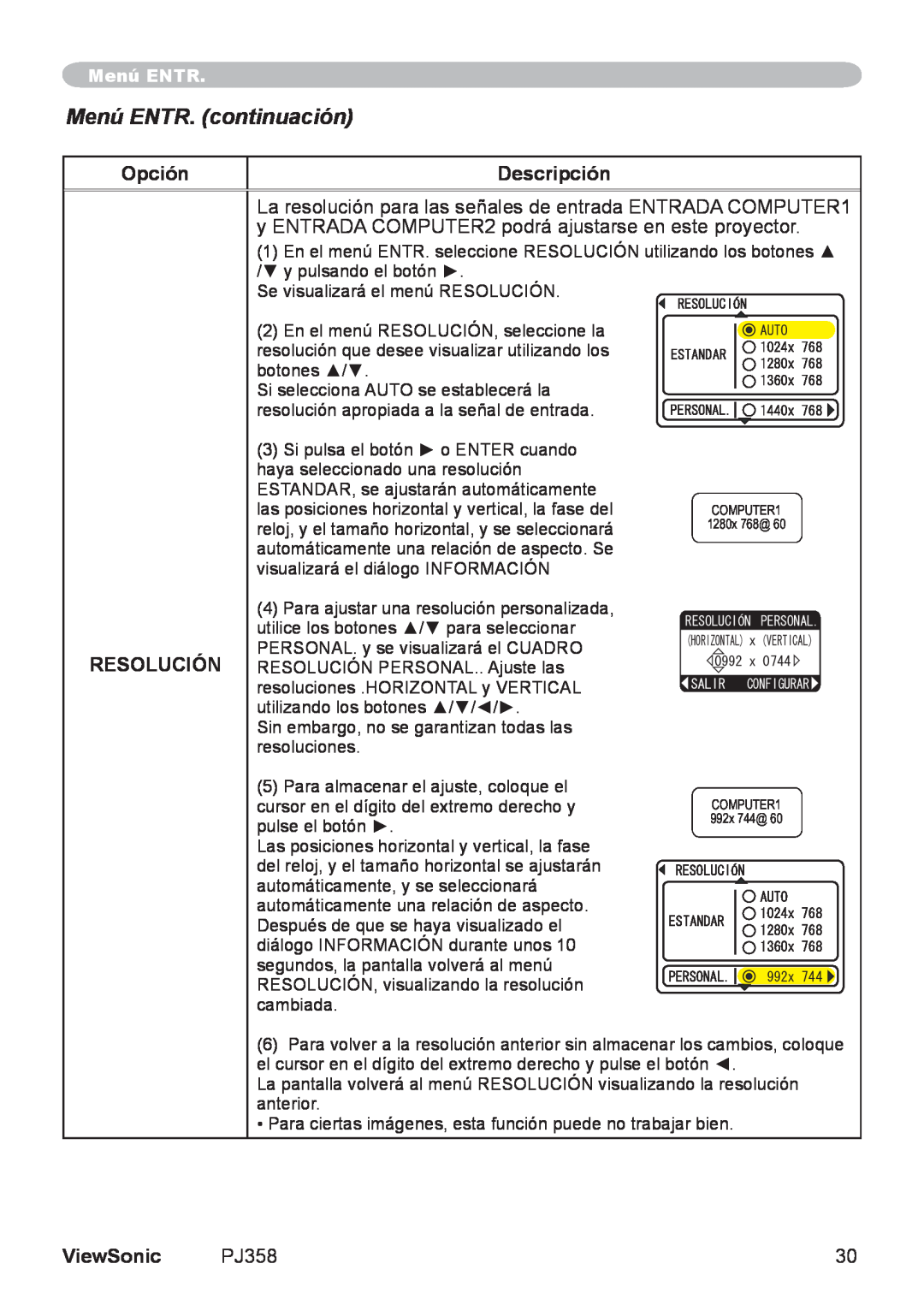 ViewSonic PJ358, VS11611 manual Menú ENTR. continuación, Opción, Descripción, Resolución, ViewSonic 