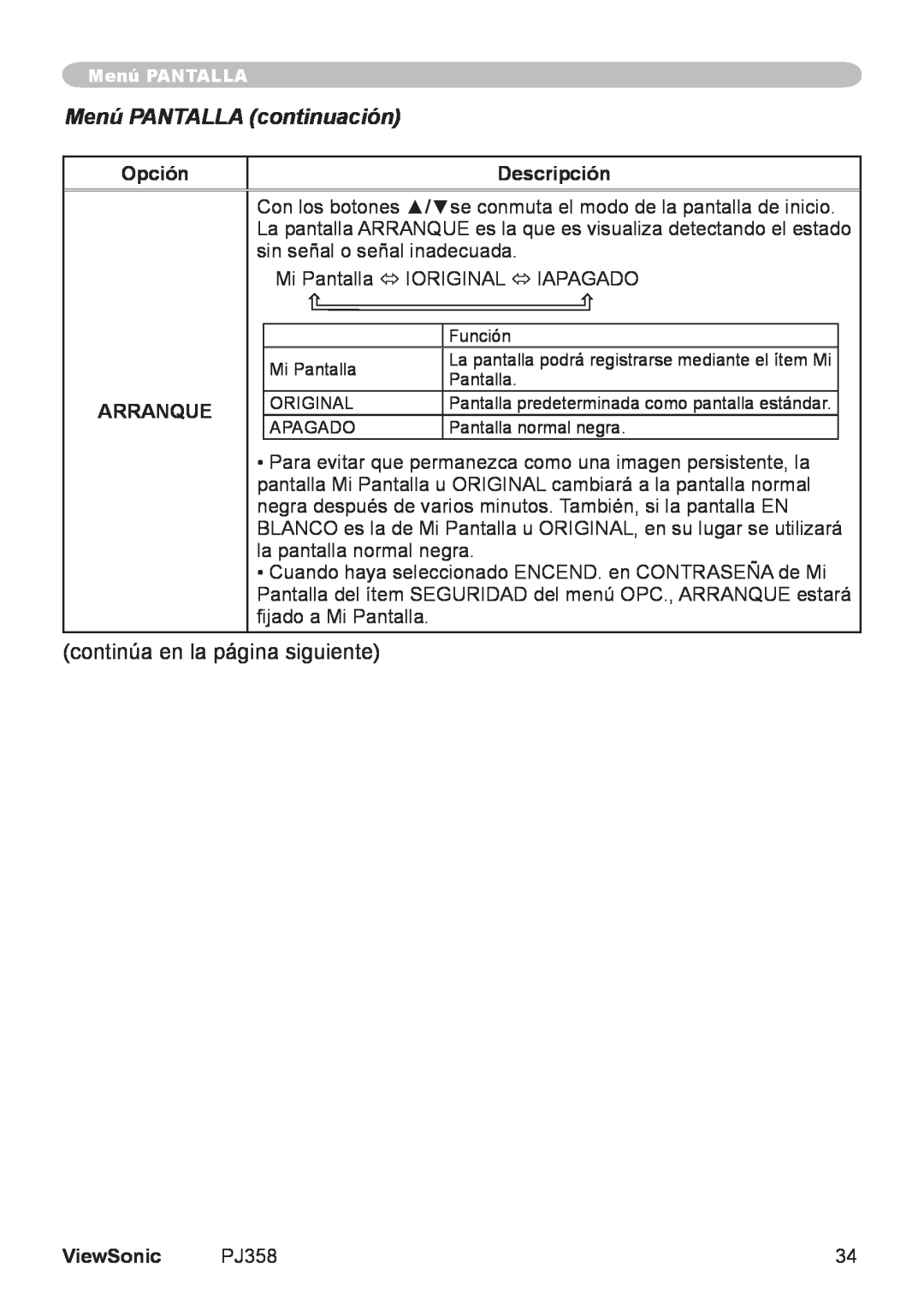 ViewSonic PJ358, VS11611 manual Menú PANTALLA continuación, Opción, Descripción, Arranque, ViewSonic 