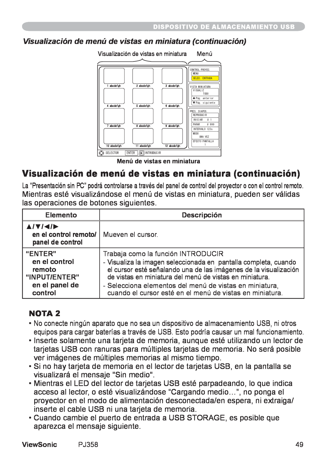 ViewSonic VS11611, PJ358 manual Visualización de menú de vistas en miniatura continuación, Nota 