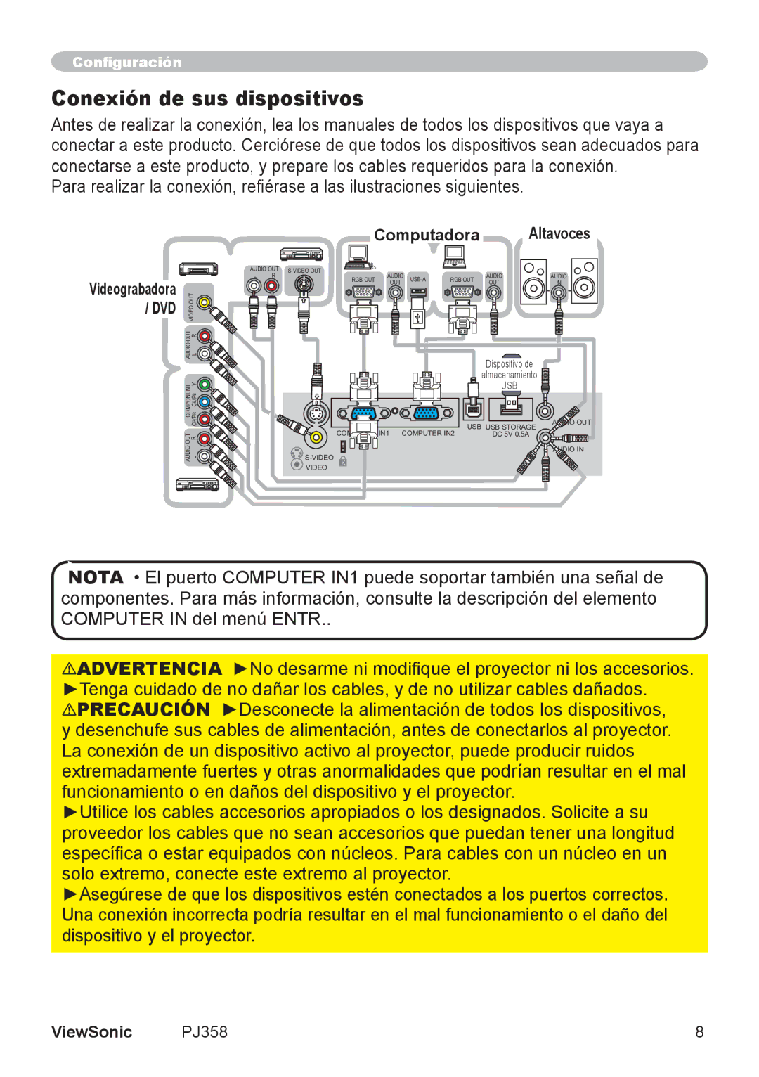 ViewSonic PJ358, VS11611 manual Conexión de sus dispositivos, Computadora 