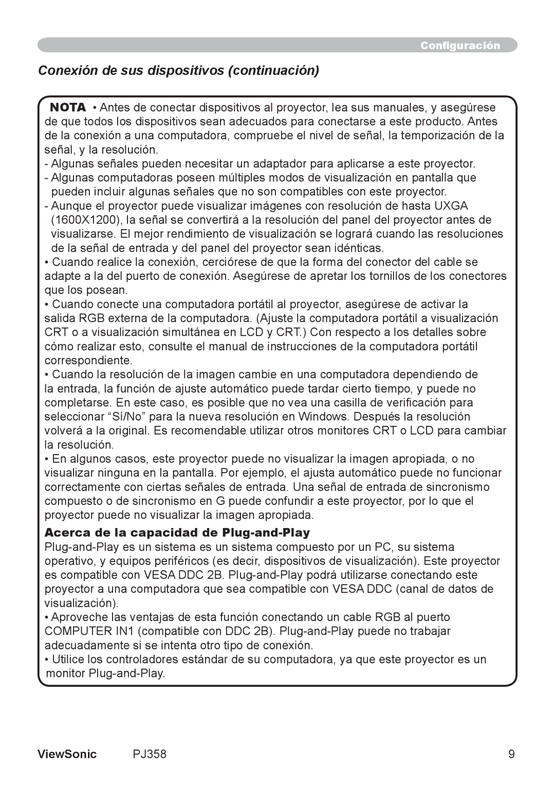 ViewSonic VS11611, PJ358 manual Conexión de sus dispositivos continuación, Acerca de la capacidad de Plug-and-Play 