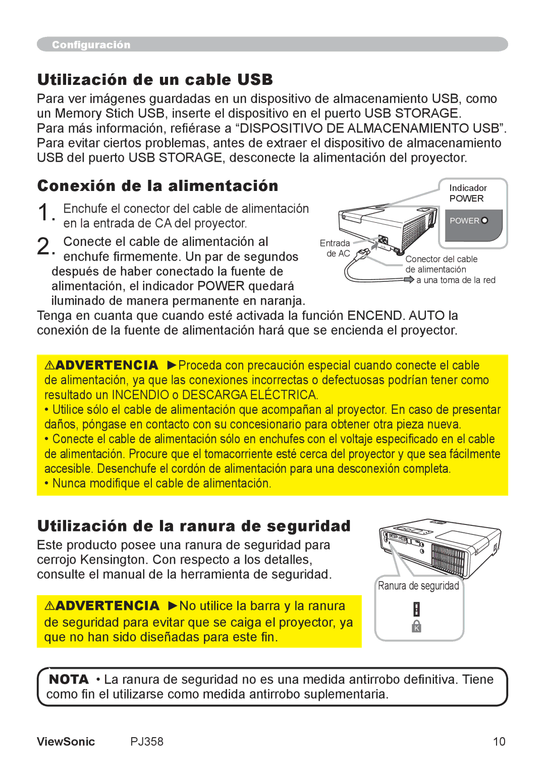 ViewSonic PJ358, VS11611 Utilización de un cable USB, Conexión de la alimentación, Utilización de la ranura de seguridad 