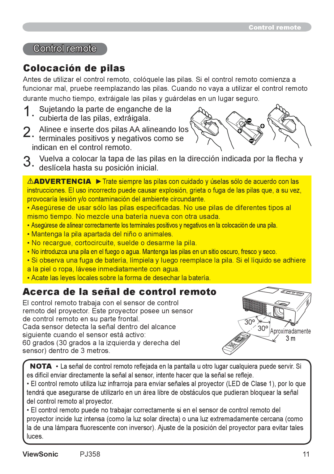 ViewSonic VS11611, PJ358 manual Control remote, Colocación de pilas, Acerca de la señal de control remoto 