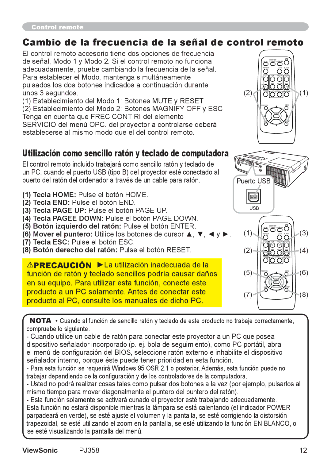 ViewSonic PJ358 Cambio de la frecuencia de la señal de control remoto, Botón izquierdo del ratón Pulse el botón Enter 