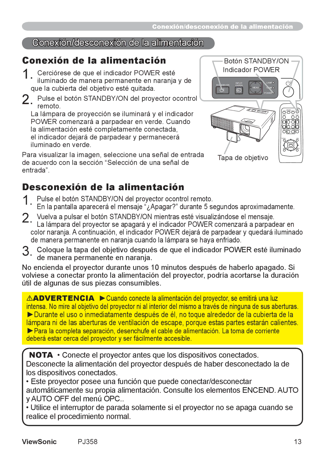 ViewSonic VS11611, PJ358 manual Conexión/desconexión de la alimentación, Desconexión de la alimentación, Entrada 