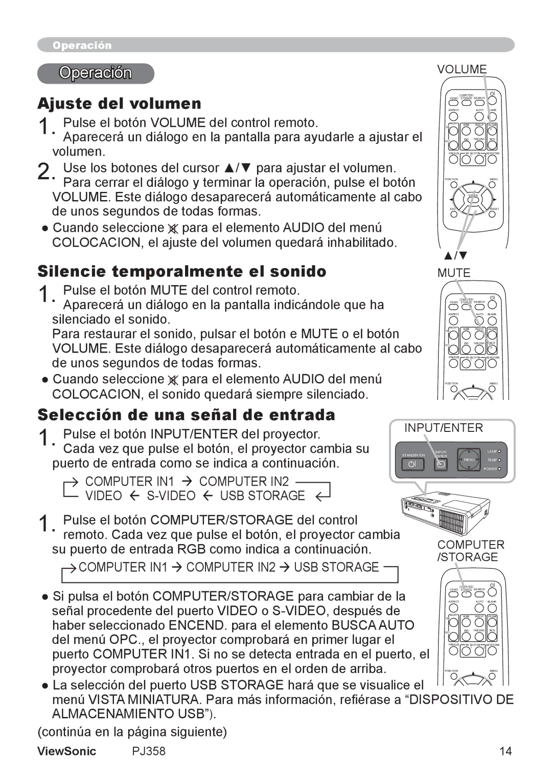 ViewSonic PJ358 manual Operación, Ajuste del volumen, Silencie temporalmente el sonido, Selección de una señal de entrada 