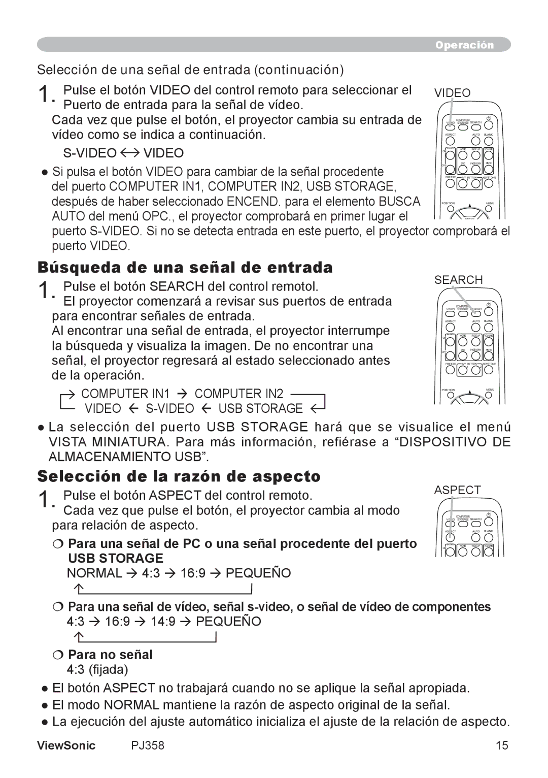 ViewSonic VS11611, PJ358 manual Búsqueda de una señal de entrada, Selección de la razón de aspecto 