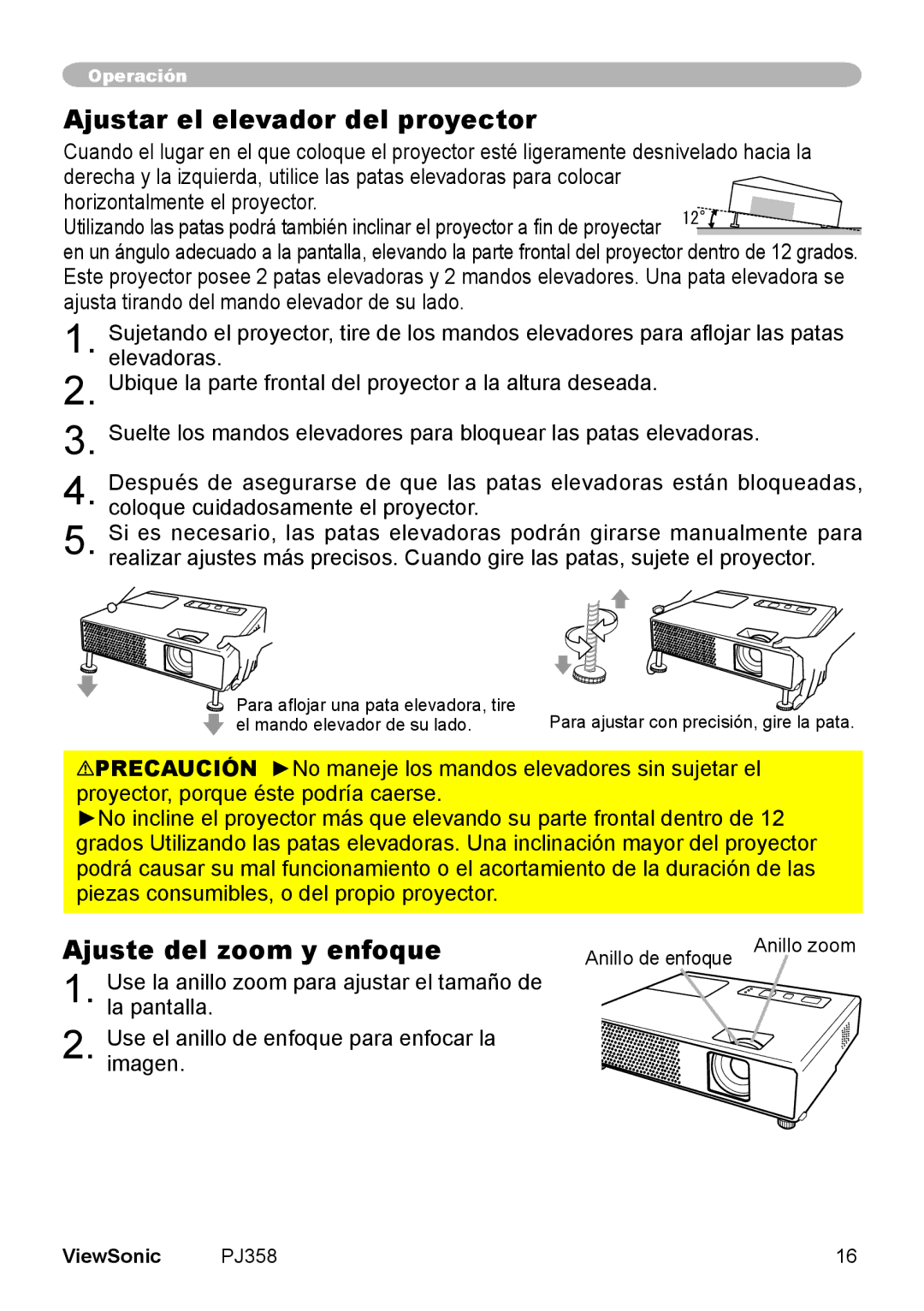 ViewSonic PJ358, VS11611 manual Ajustar el elevador del proyector, Ajuste del zoom y enfoque, Anillo de enfoque Anillo zoom 