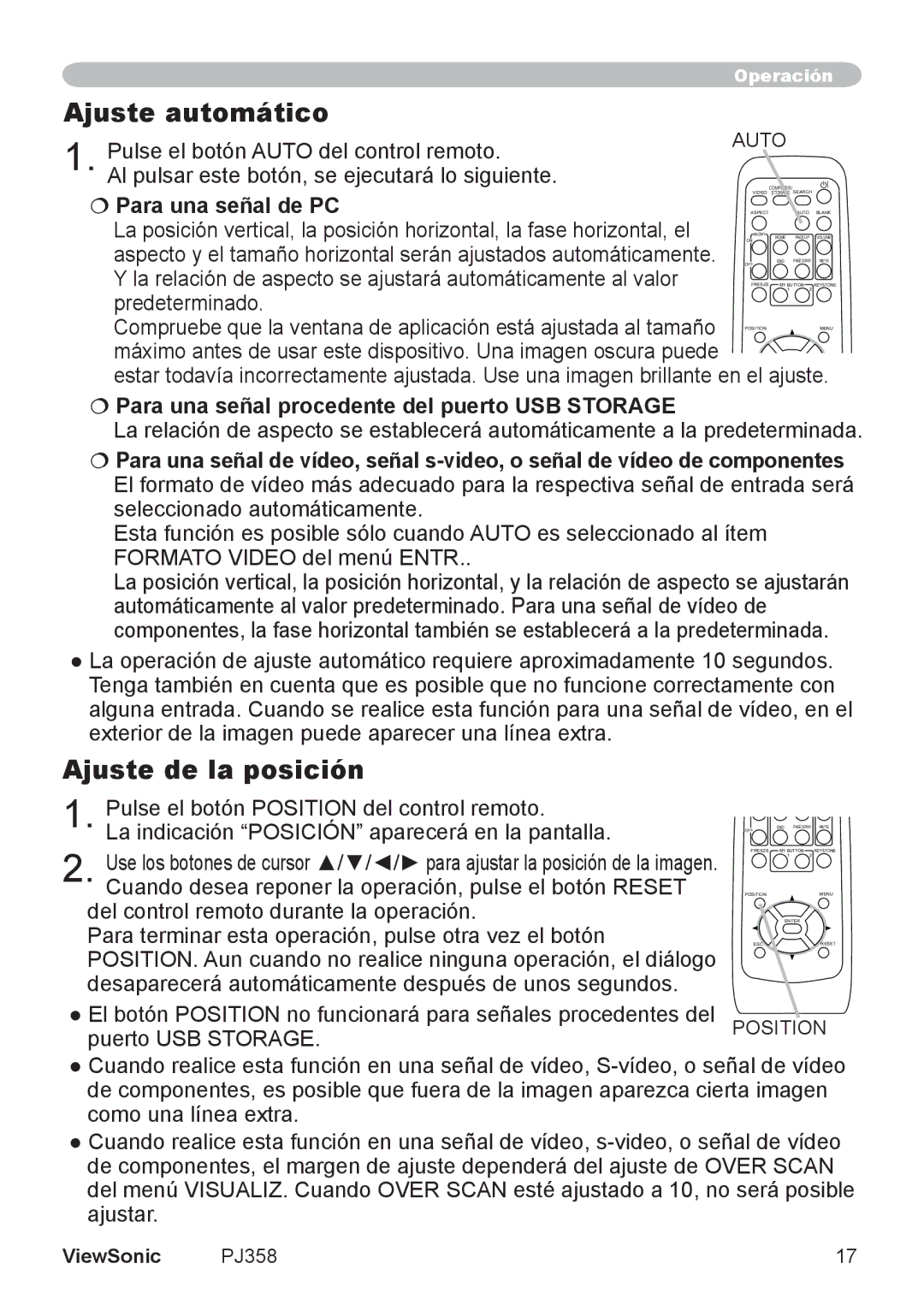 ViewSonic VS11611, PJ358 manual Ajuste automático, Ajuste de la posición,  Para una señal de PC 