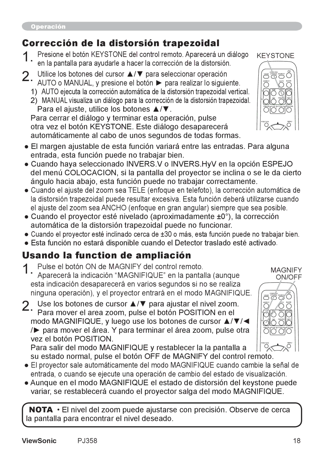 ViewSonic PJ358, VS11611 manual Corrección de la distorsión trapezoidal, Usando la function de ampliación 