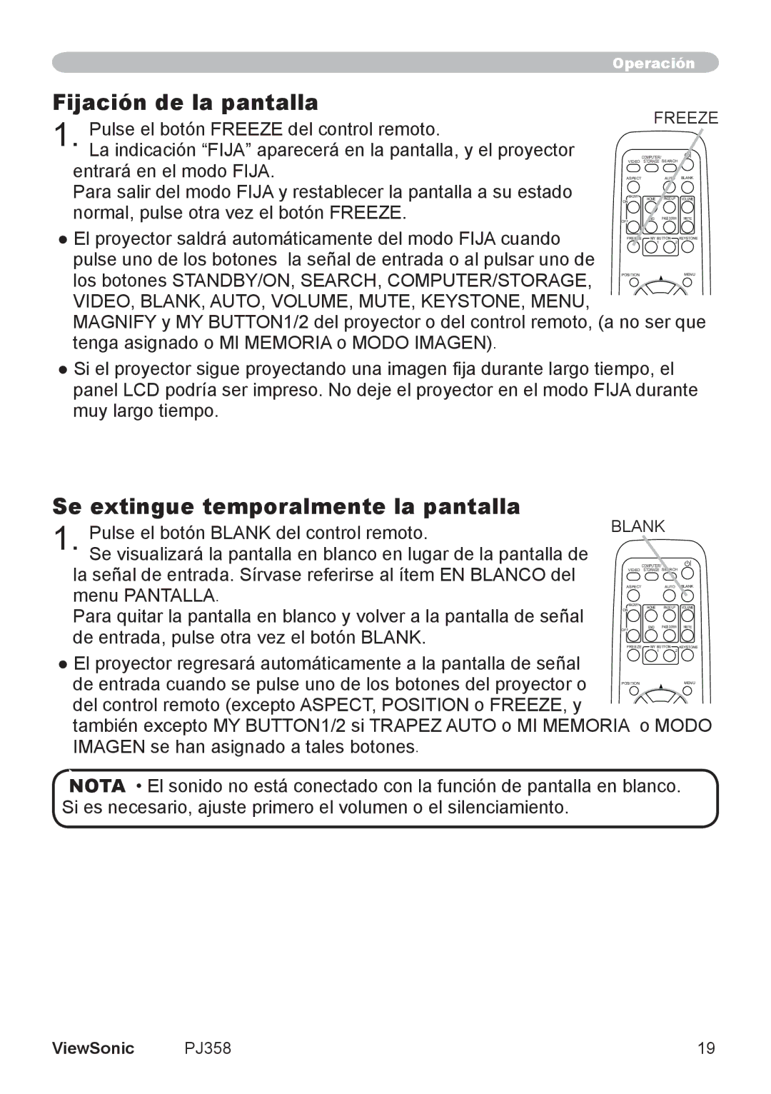 ViewSonic VS11611, PJ358 manual Fijación de la pantalla, Se extingue temporalmente la pantalla 