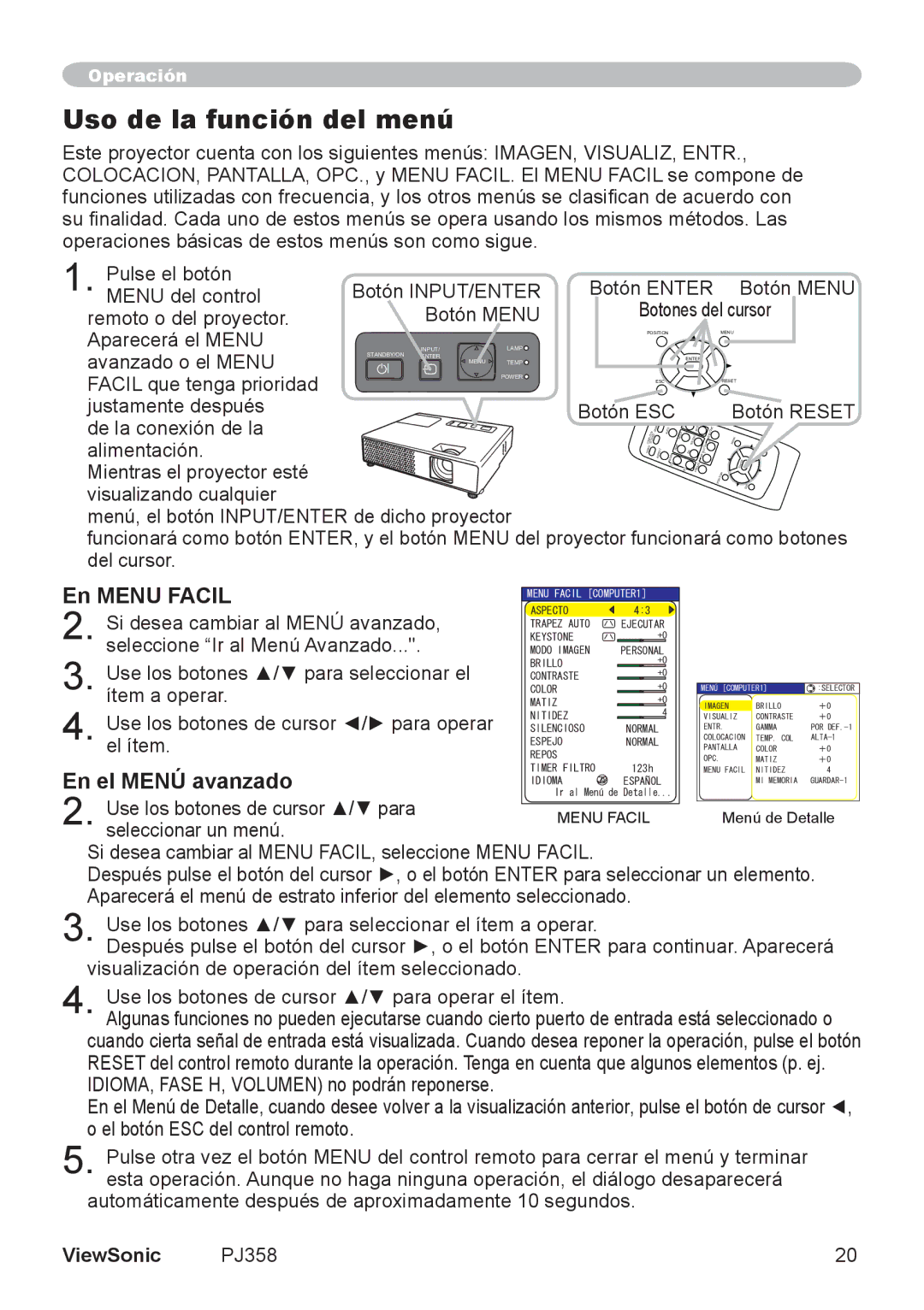 ViewSonic PJ358, VS11611 manual Uso de la función del menú, En Menu Facil, En el Menú avanzado 