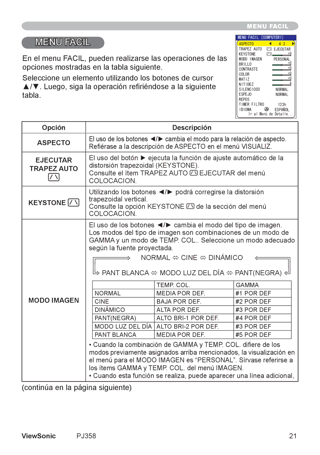 ViewSonic VS11611, PJ358 manual Aspecto, Ejecutar, Trapez Auto, Keystone, Modo Imagen 