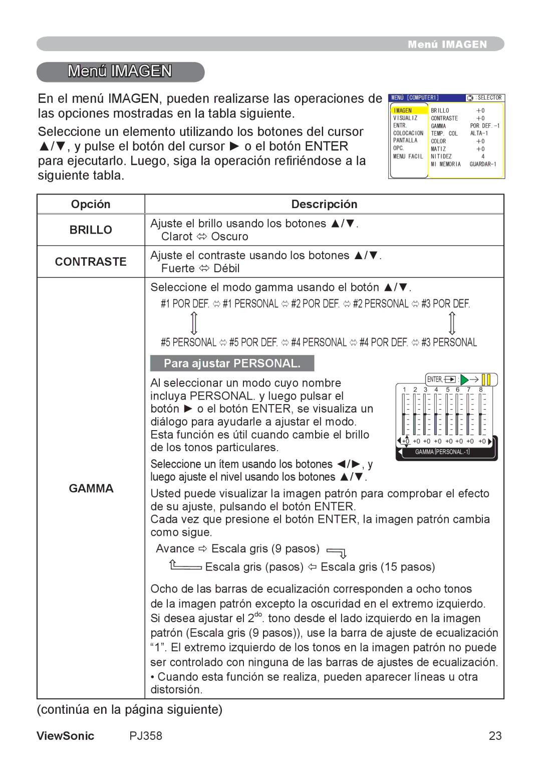 ViewSonic VS11611, PJ358 manual Menú Imagen, Gamma 