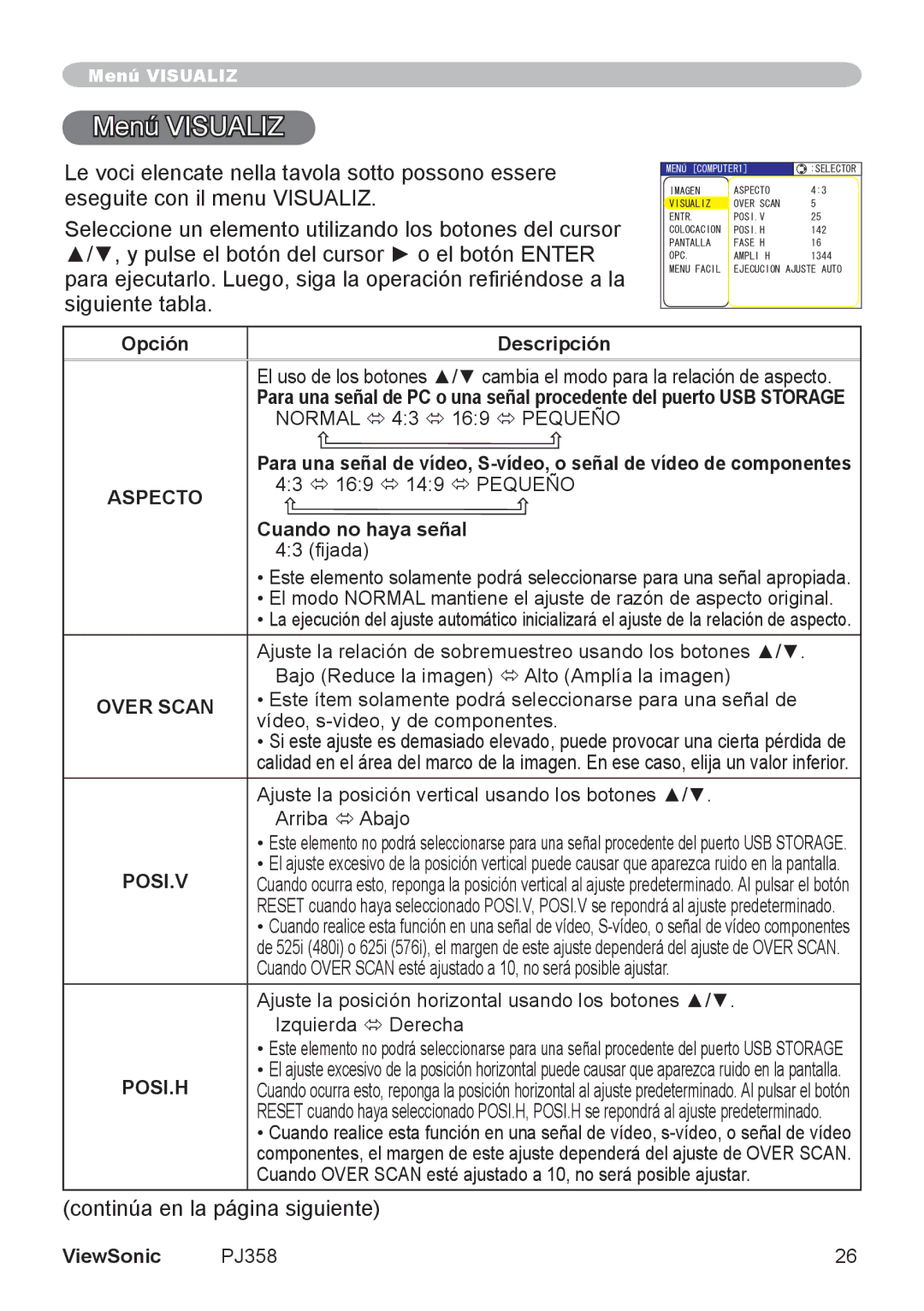 ViewSonic PJ358, VS11611 manual Menú Visualiz, Over Scan, Posi.V, Posi.H 