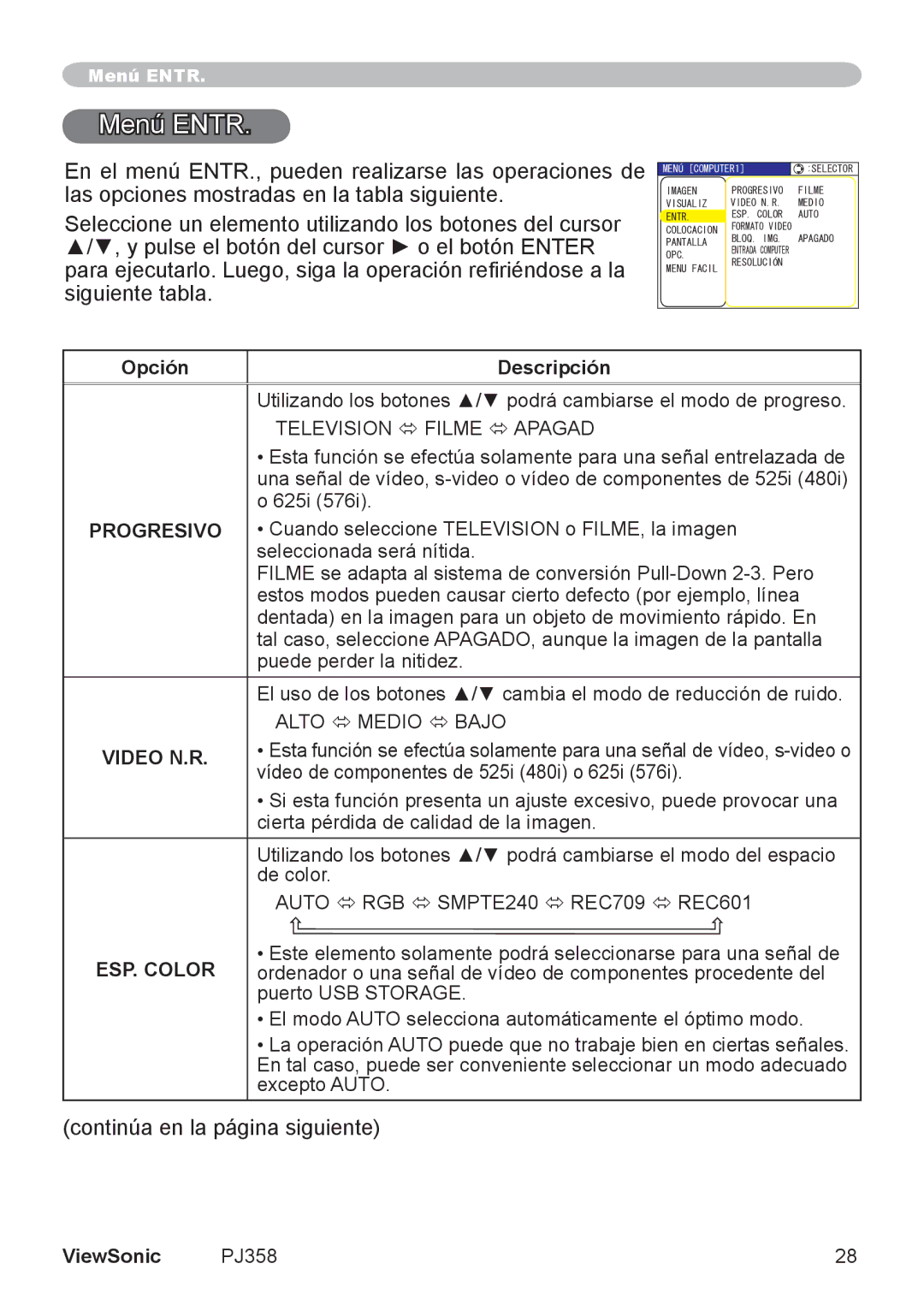 ViewSonic PJ358, VS11611 manual Menú Entr, Video N.R, ESP. Color 