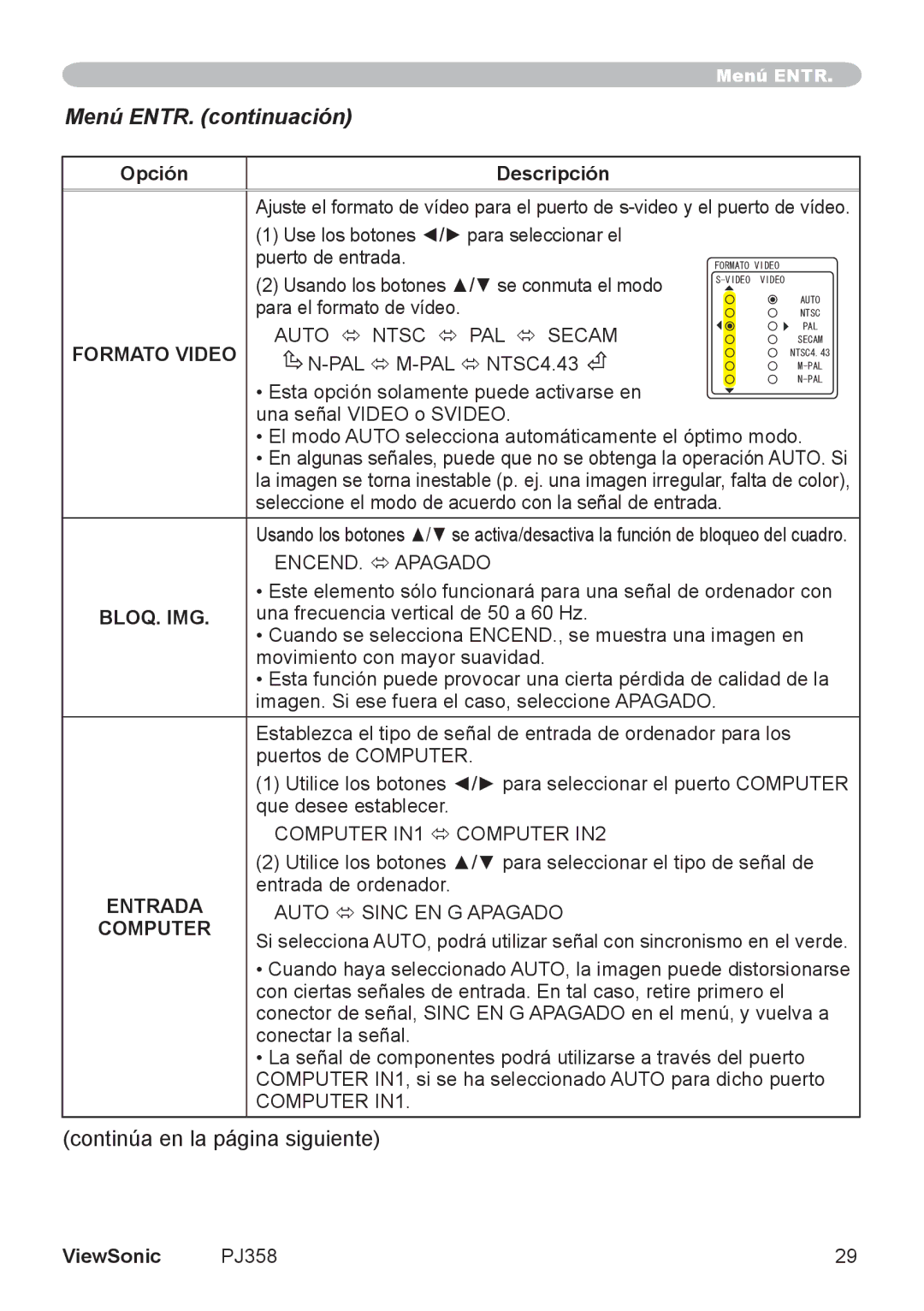 ViewSonic VS11611, PJ358 manual Menú ENTR. continuación, Formato Video, Bloq. Img, Entrada, Computer 