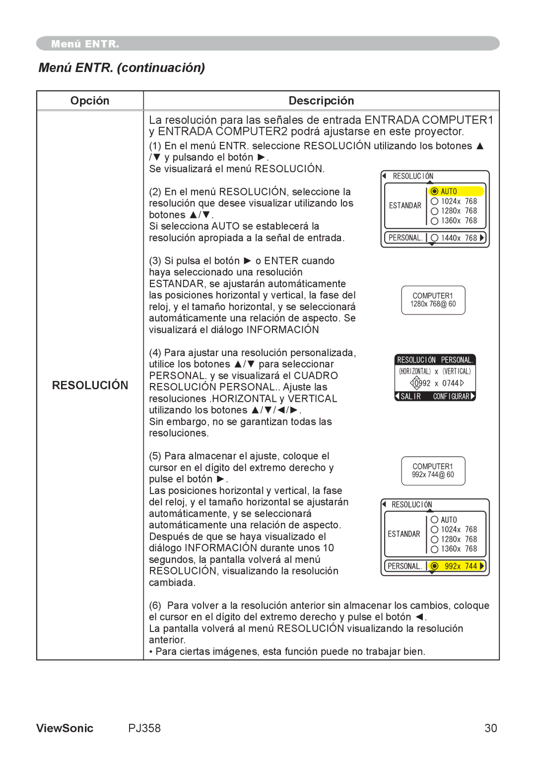 ViewSonic PJ358, VS11611 manual Resolución 