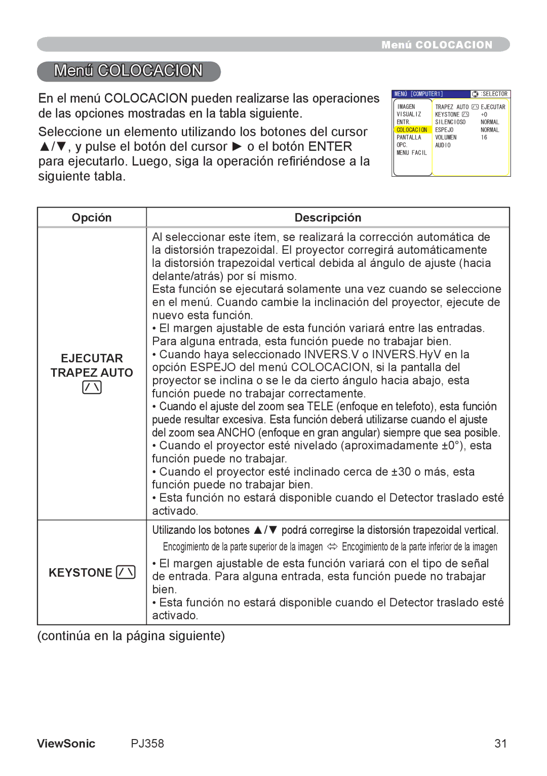 ViewSonic VS11611, PJ358 manual Menú Colocacion 