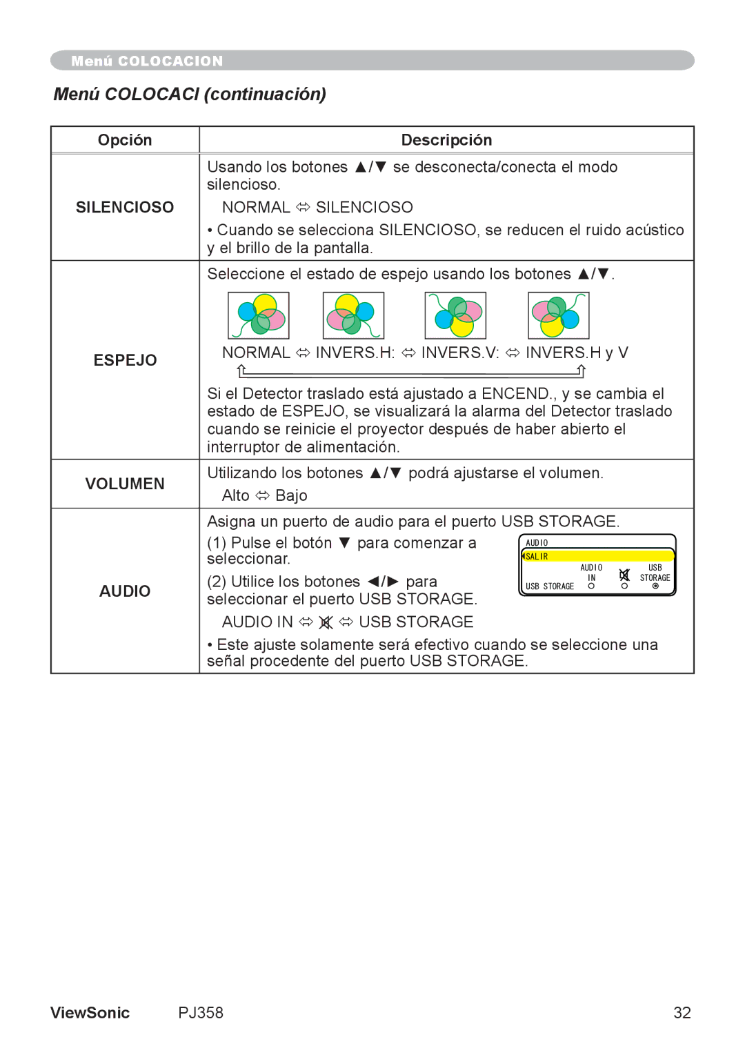 ViewSonic PJ358, VS11611 manual Menú Colocaci continuación, Volumen, Audio 