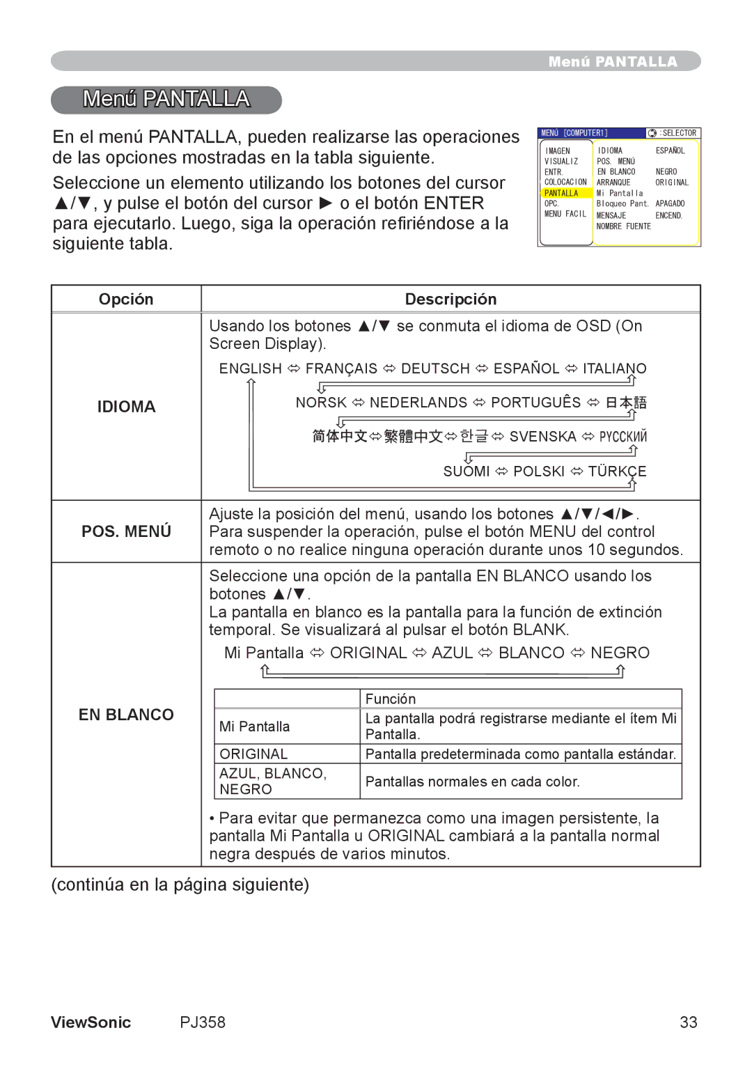 ViewSonic VS11611, PJ358 manual Menú Pantalla, POS. Menú, EN Blanco 