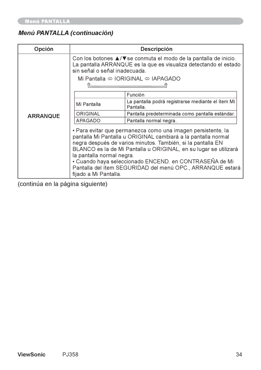 ViewSonic PJ358, VS11611 manual Menú Pantalla continuación, Arranque 