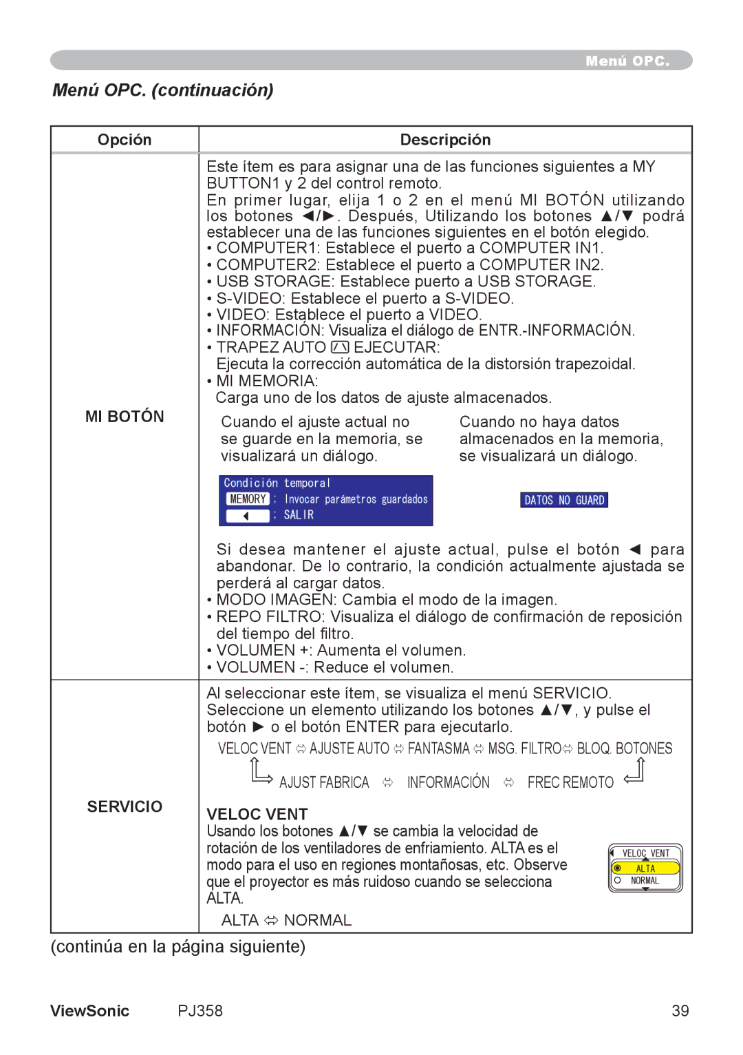 ViewSonic VS11611, PJ358 manual MI Botón, Carga uno de los datos de ajuste almacenados, Servicio Veloc Vent, Alta ó Normal 