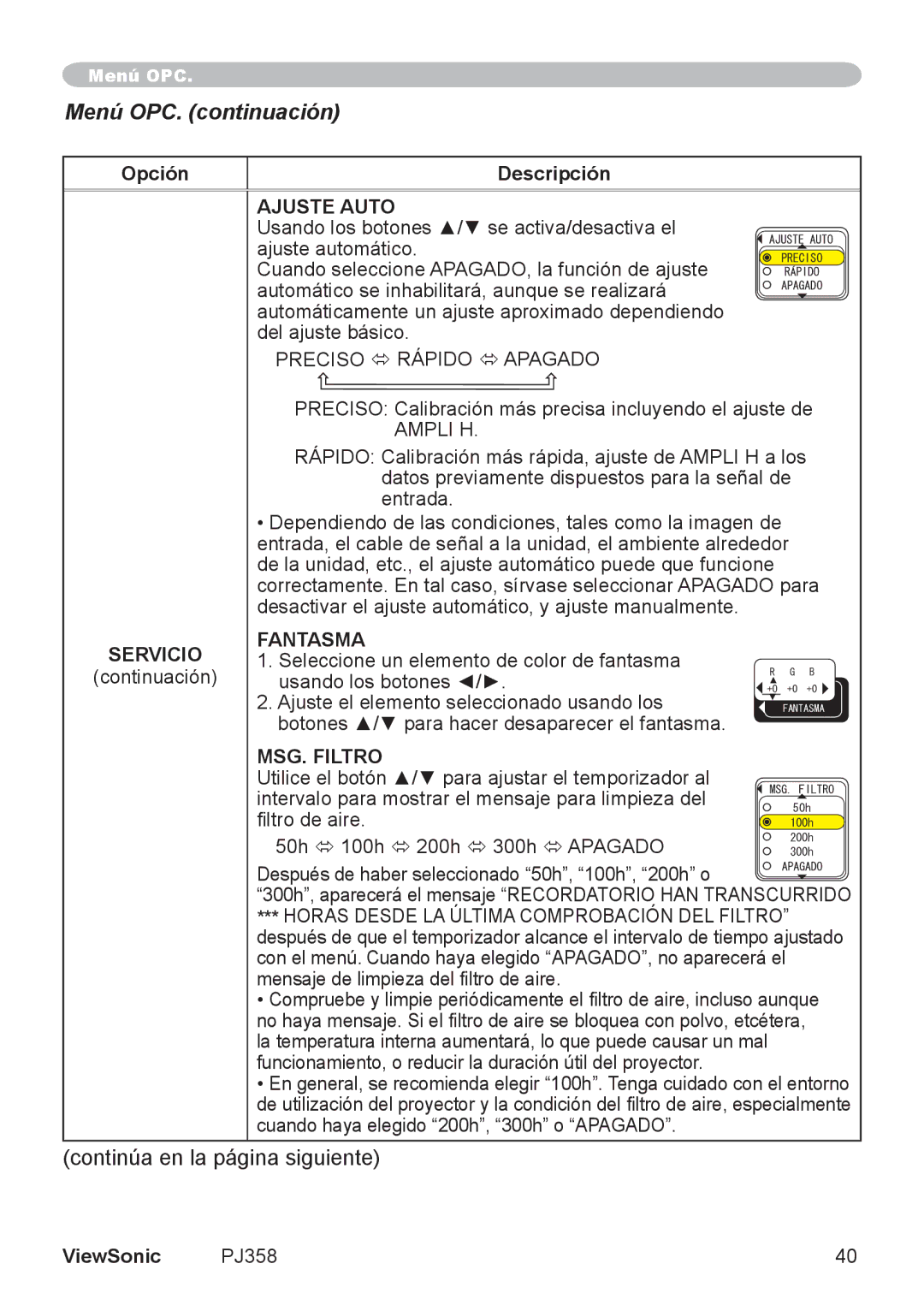 ViewSonic PJ358, VS11611 manual Servicio Fantasma, MSG. Filtro 