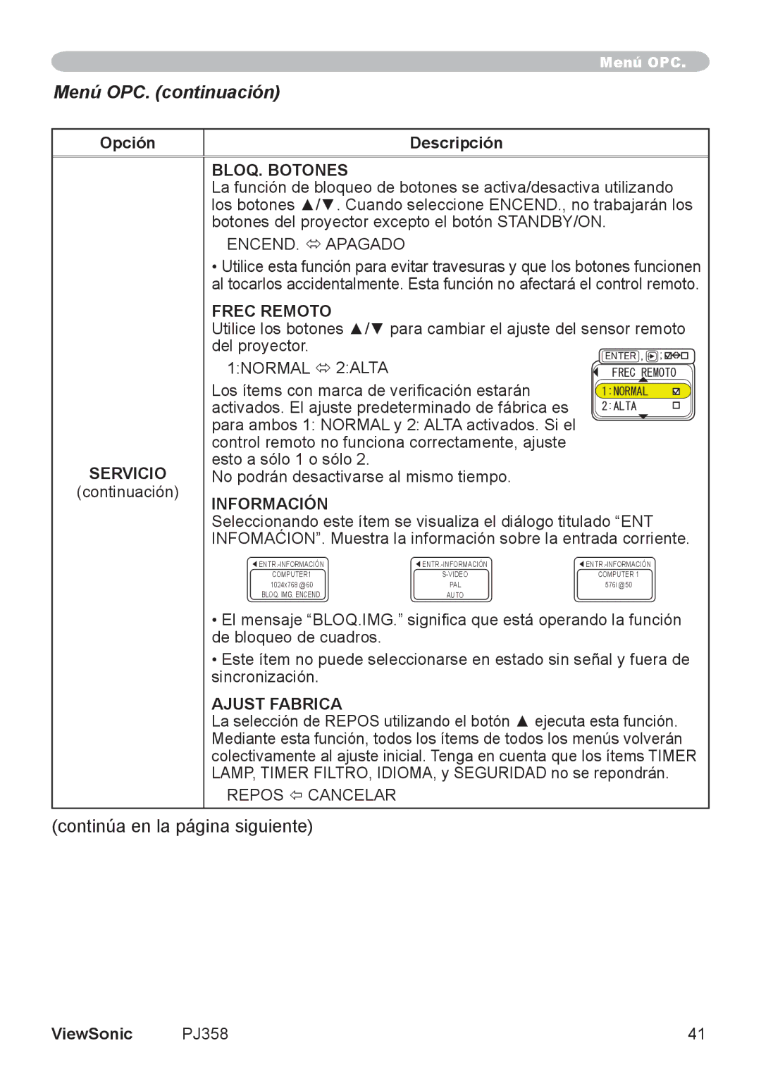 ViewSonic VS11611, PJ358 manual BLOQ. Botones, Frec Remoto, Servicio, Información, Ajust Fabrica 