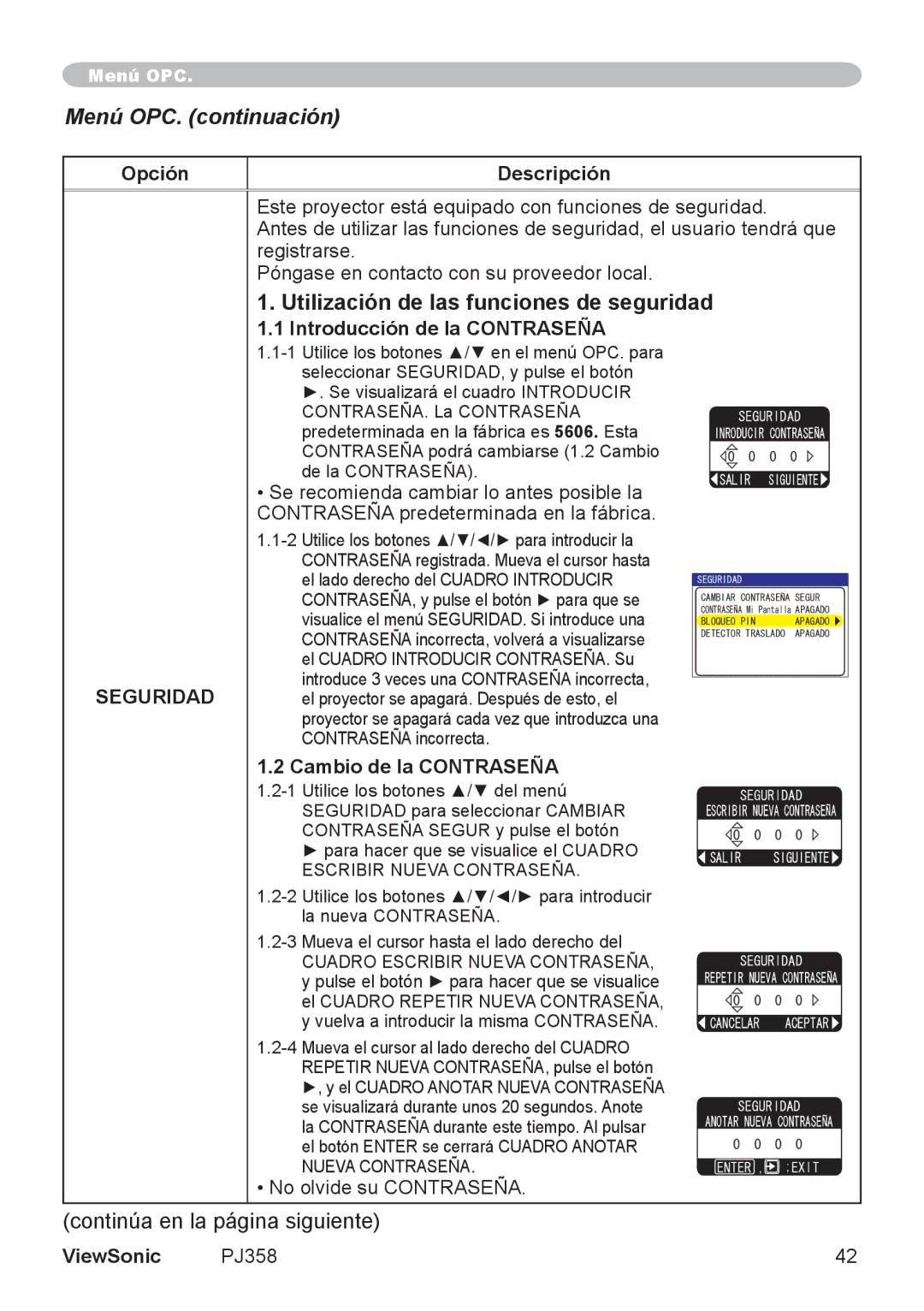 ViewSonic PJ358, VS11611 manual Utilización de las funciones de seguridad, Introducción de la Contraseña, Seguridad 