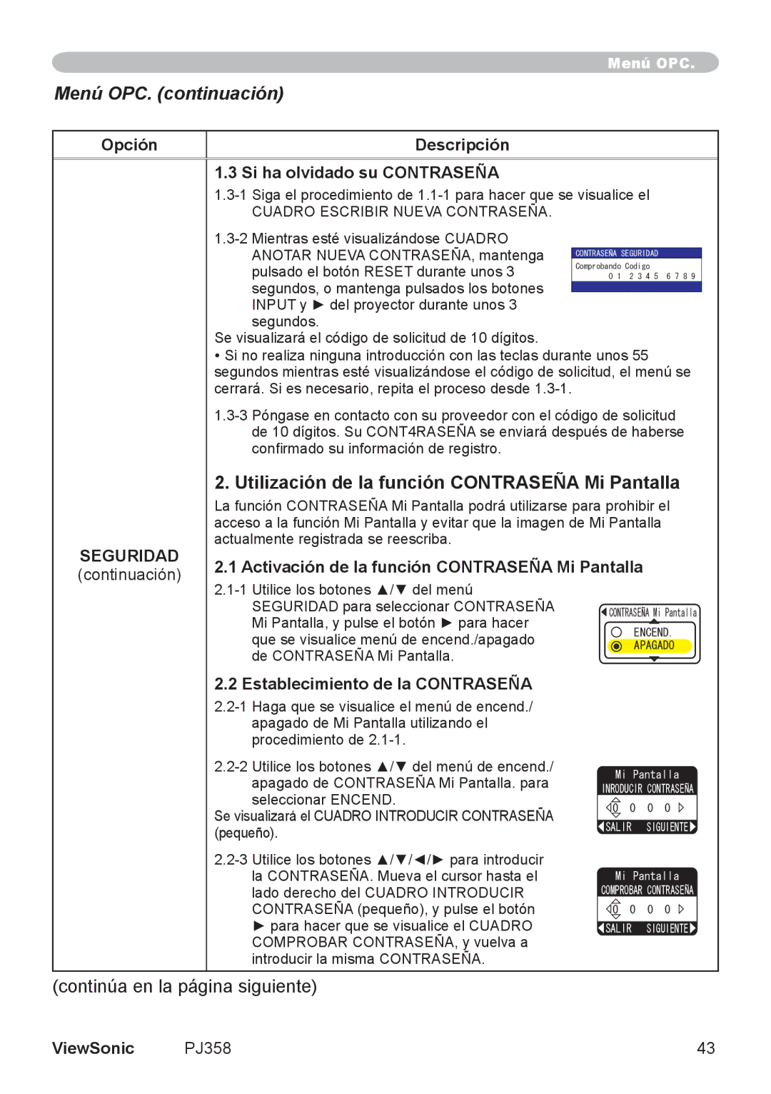 ViewSonic VS11611, PJ358 Utilización de la función Contraseña Mi Pantalla, Opción Descripción Si ha olvidado su Contraseña 