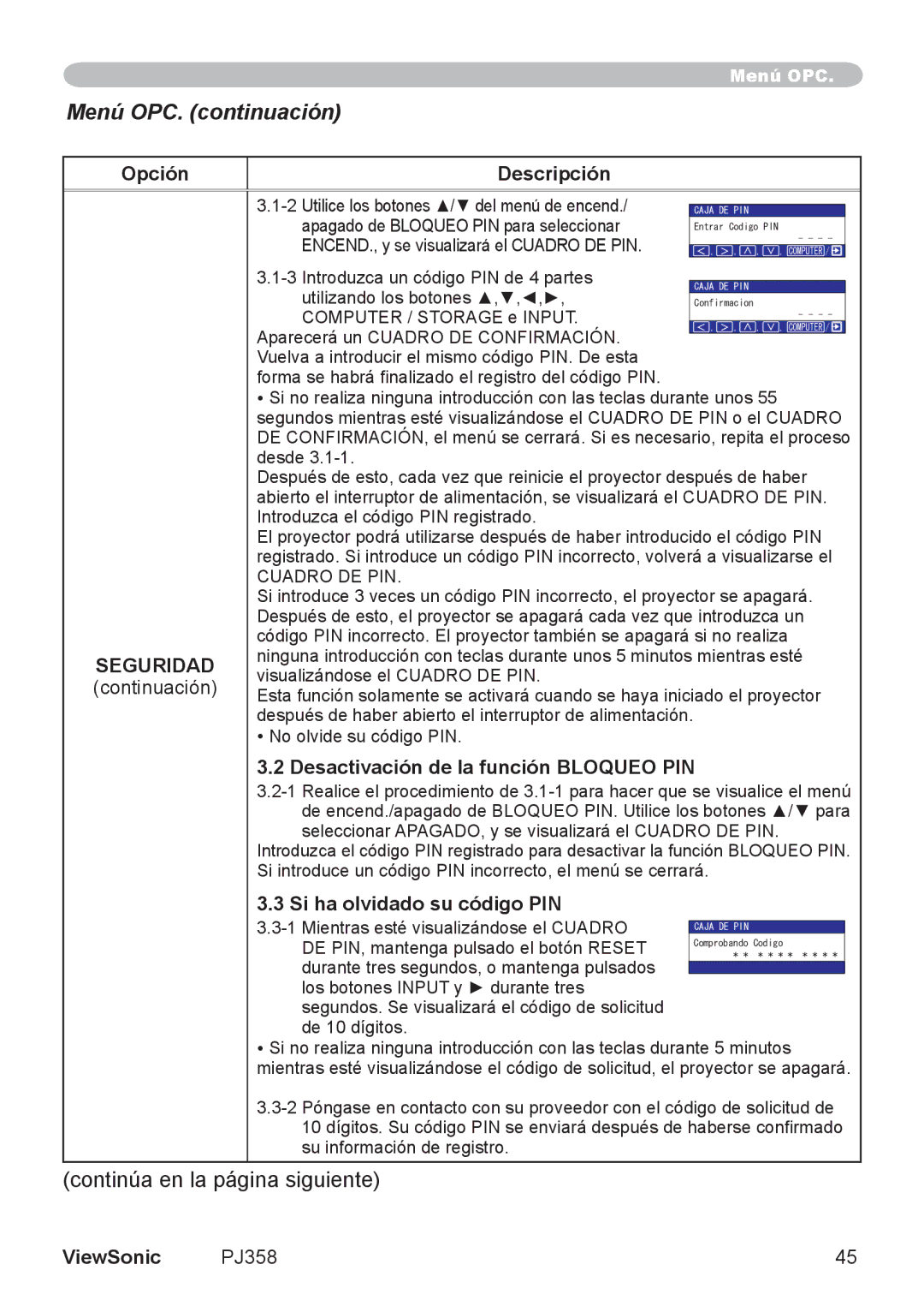 ViewSonic VS11611, PJ358 manual Desactivación de la función Bloqueo PIN, Si ha olvidado su código PIN 