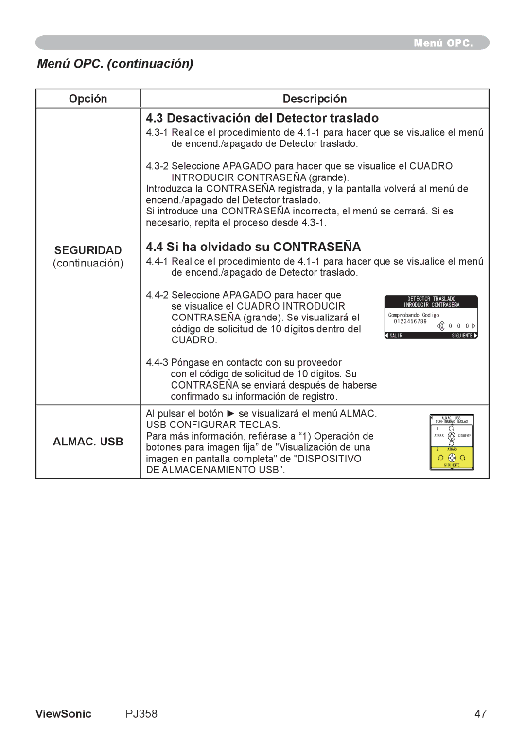 ViewSonic VS11611, PJ358 manual Desactivación del Detector traslado, Si ha olvidado su Contraseña, Almac. Usb 