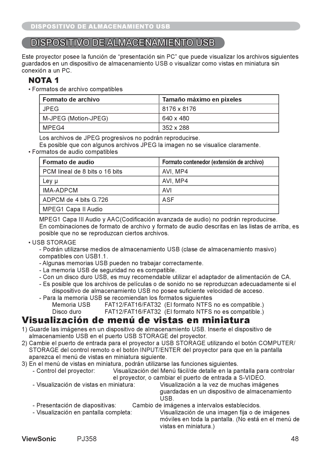 ViewSonic PJ358, VS11611 manual Dispositivo DE Almacenamiento USB, Visualización de menú de vistas en miniatura 