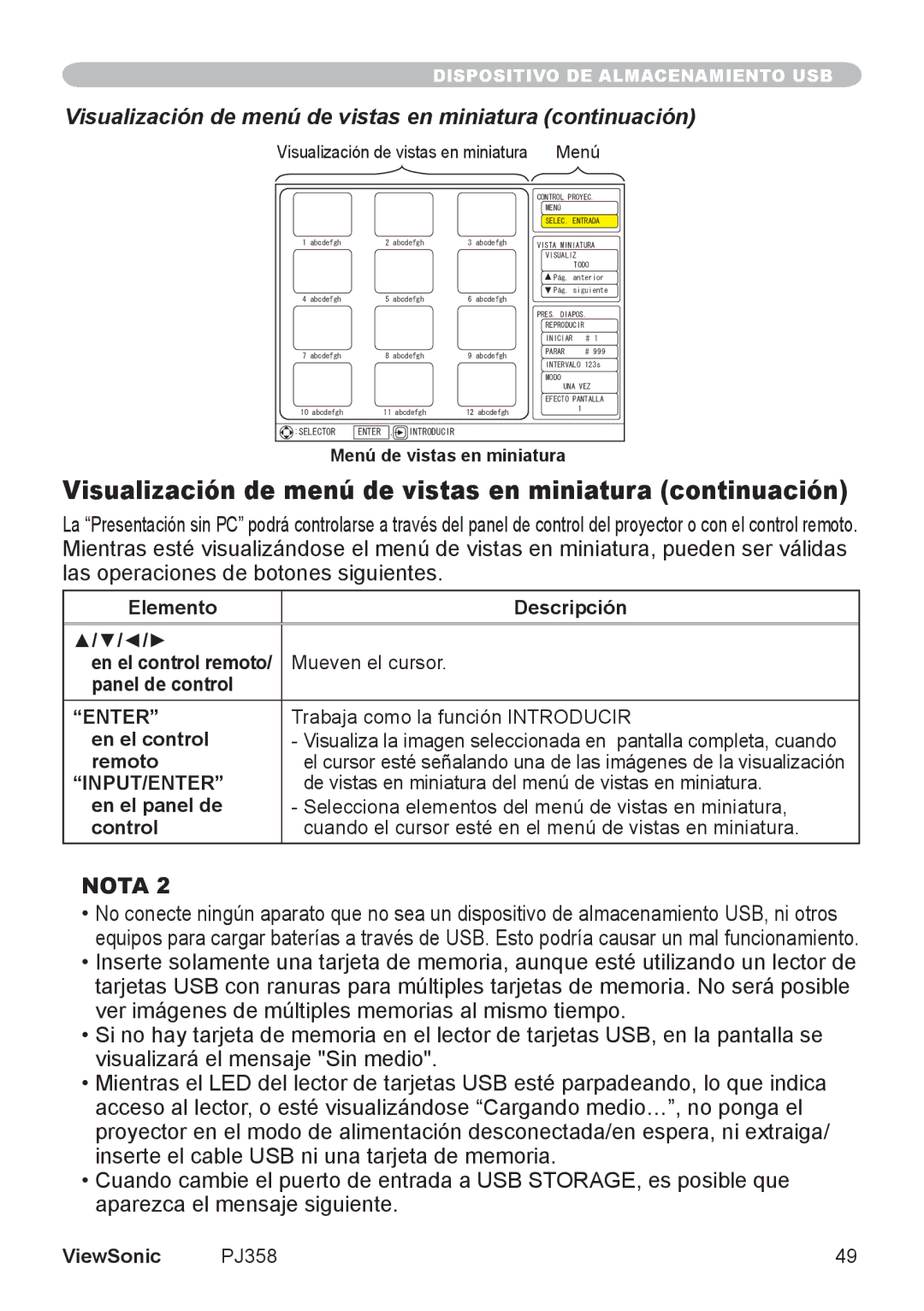 ViewSonic VS11611, PJ358 manual Visualización de menú de vistas en miniatura continuación, Input/Enter 