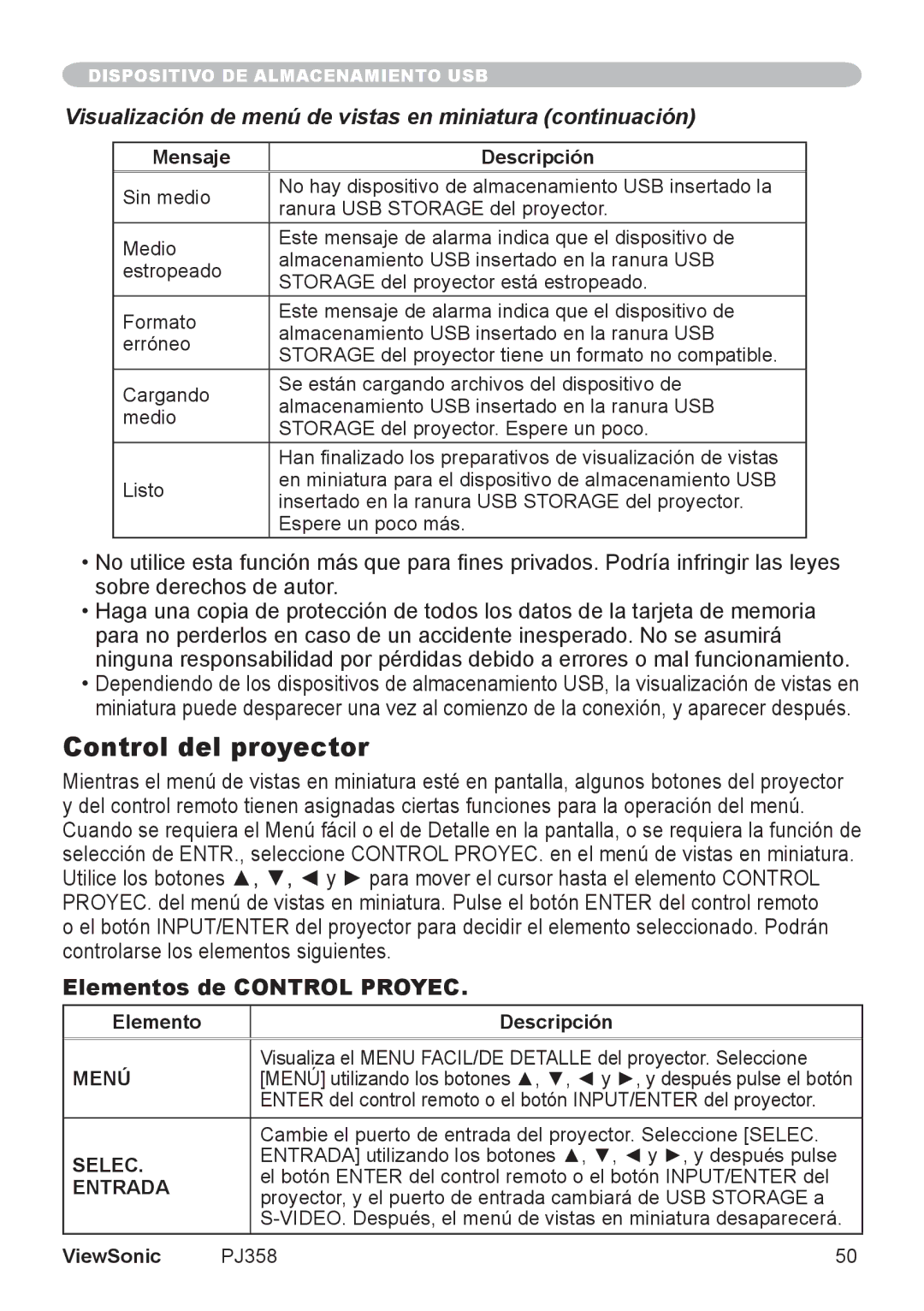 ViewSonic PJ358, VS11611 manual Control del proyector, Elementos de Control Proyec, Mensaje Descripción, Menú, Selec 