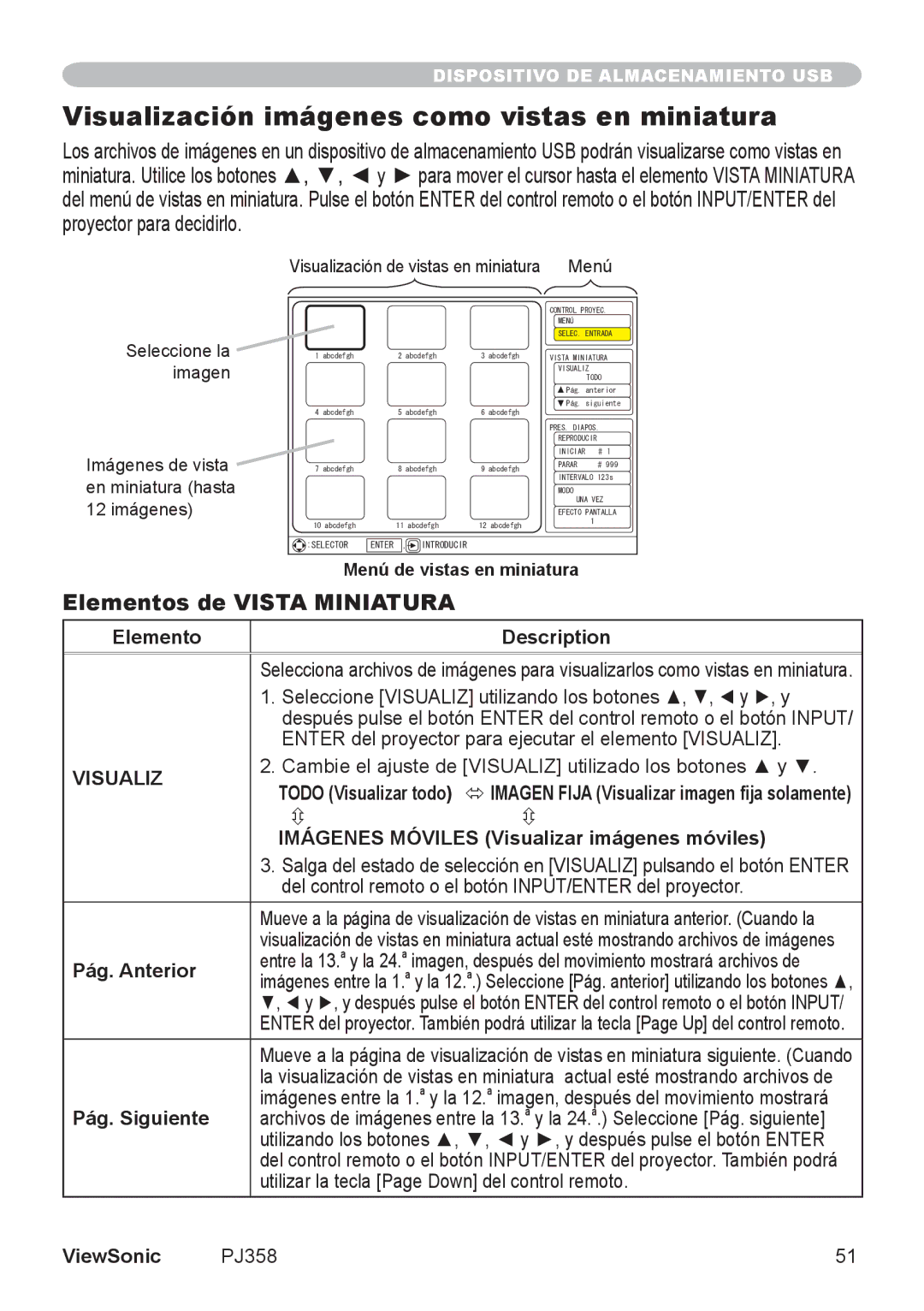 ViewSonic VS11611, PJ358 manual Visualización imágenes como vistas en miniatura, Elementos de Vista Miniatura 