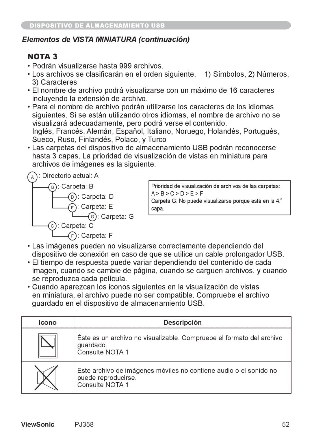 ViewSonic PJ358, VS11611 manual Elementos de Vista Miniatura continuación, Icono Descripción 