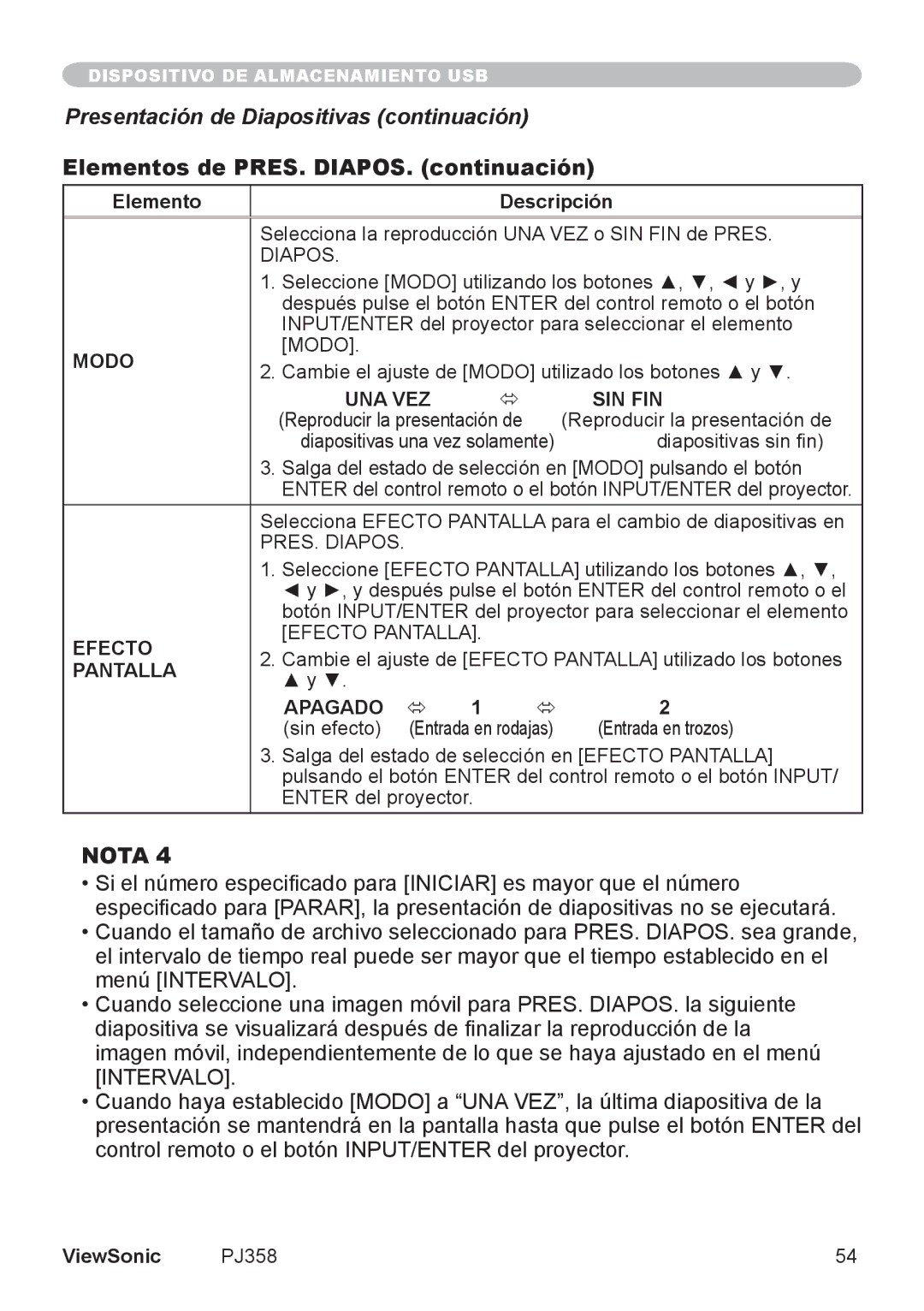 ViewSonic PJ358, VS11611 manual Presentación de Diapositivas continuación, Elementos de PRES. DIAPOS. continuación 