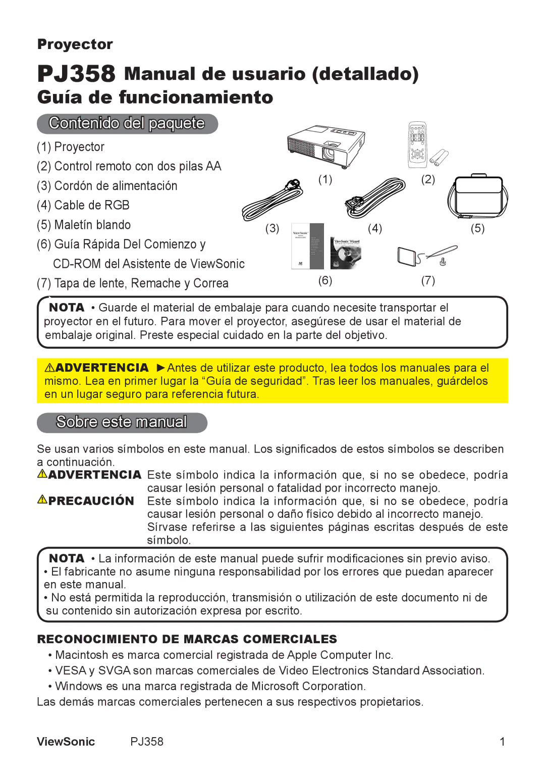 ViewSonic VS11611 Contenido del paquete, Sobre este manual, CD-ROM del Asistente de ViewSonic, ViewSonic PJ358 