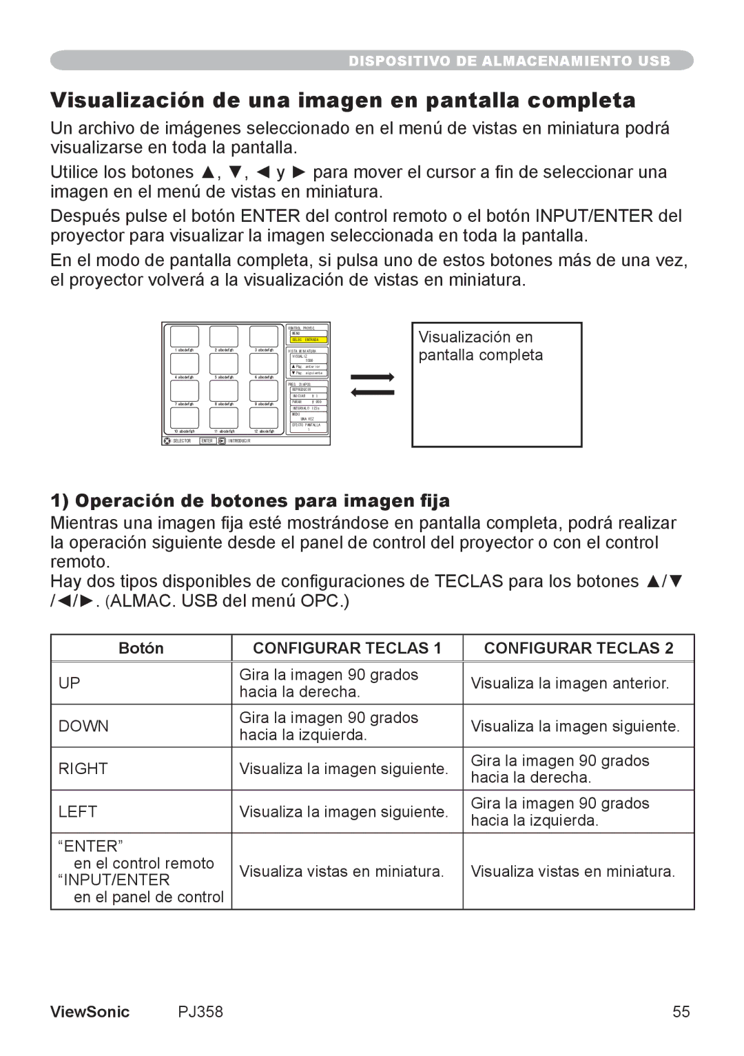 ViewSonic VS11611, PJ358 Visualización de una imagen en pantalla completa, Operación de botones para imagen fija, Botón 