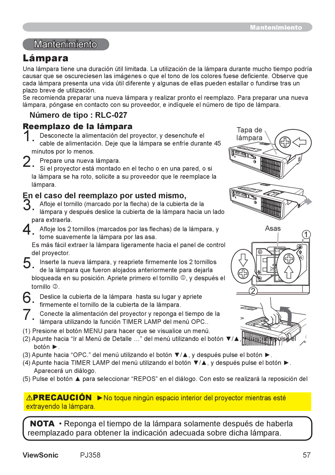 ViewSonic VS11611, PJ358 manual Mantenimiento, Lámpara, Número de tipo RLC-027 Reemplazo de la lámpara 