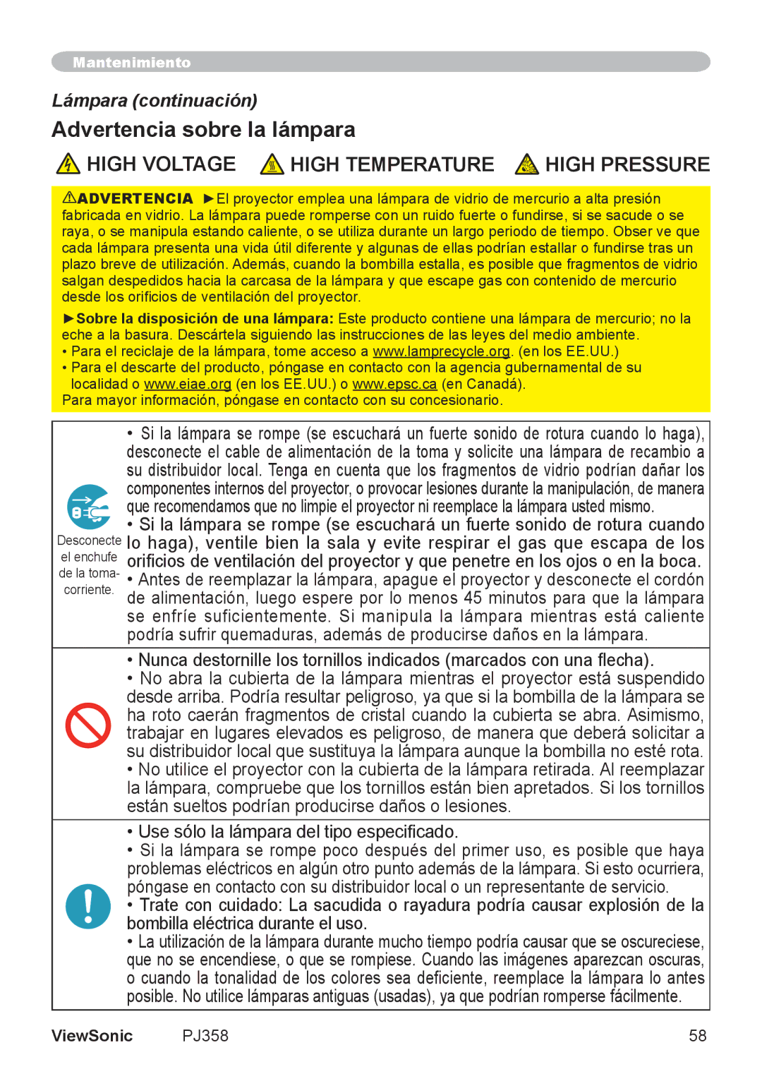 ViewSonic PJ358, VS11611 manual Advertencia sobre la lámpara, Lámpara continuación 