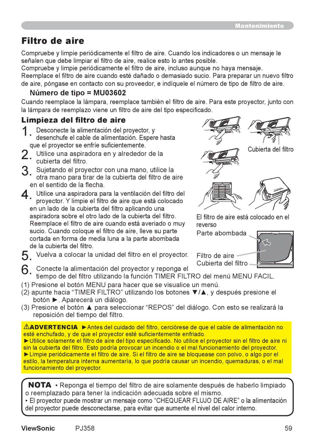ViewSonic VS11611, PJ358 manual Filtro de aire, Número de tipo = MU03602, Limpieza del filtro de aire 