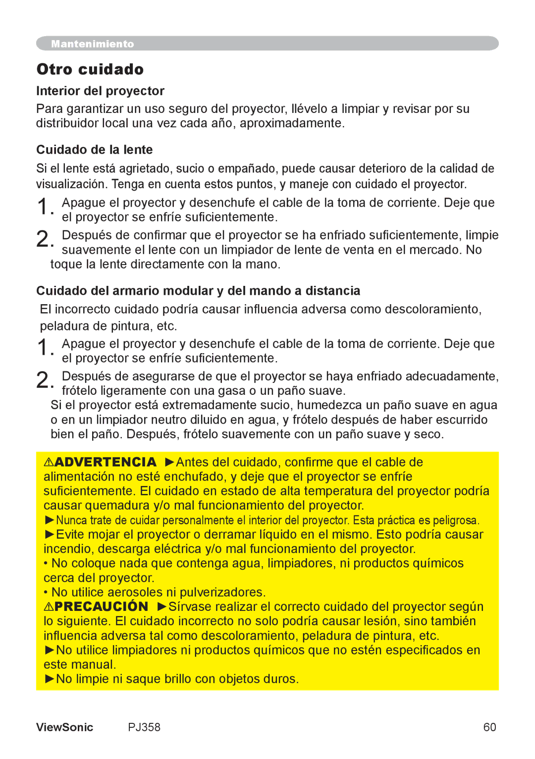 ViewSonic PJ358, VS11611 manual Otro cuidado, Interior del proyector, Cuidado de la lente 